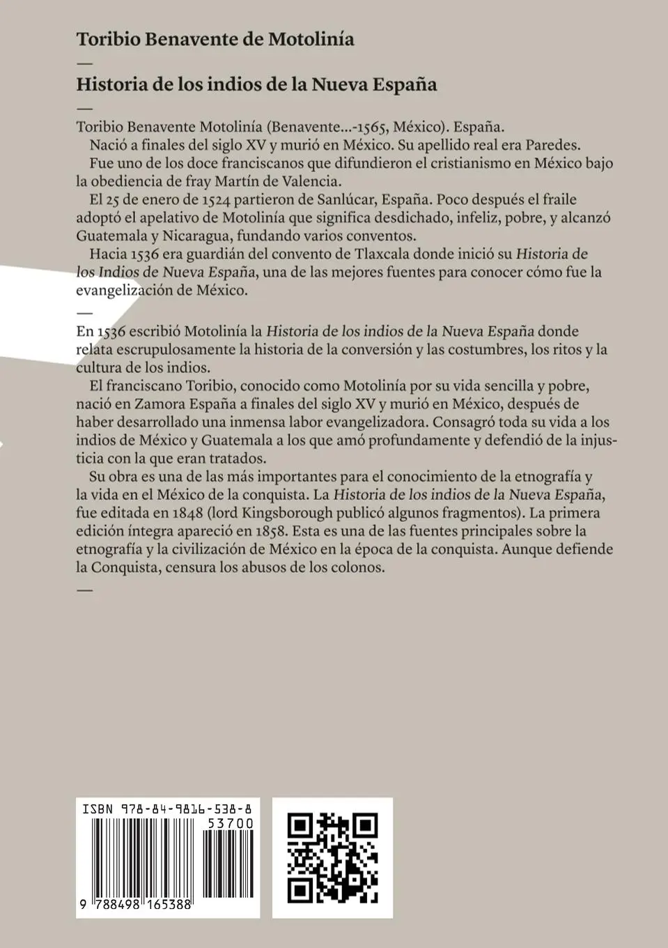 Rückseite: 9788498165388 | Historia de los indios de la Nueva España | Motolinía | Taschenbuch