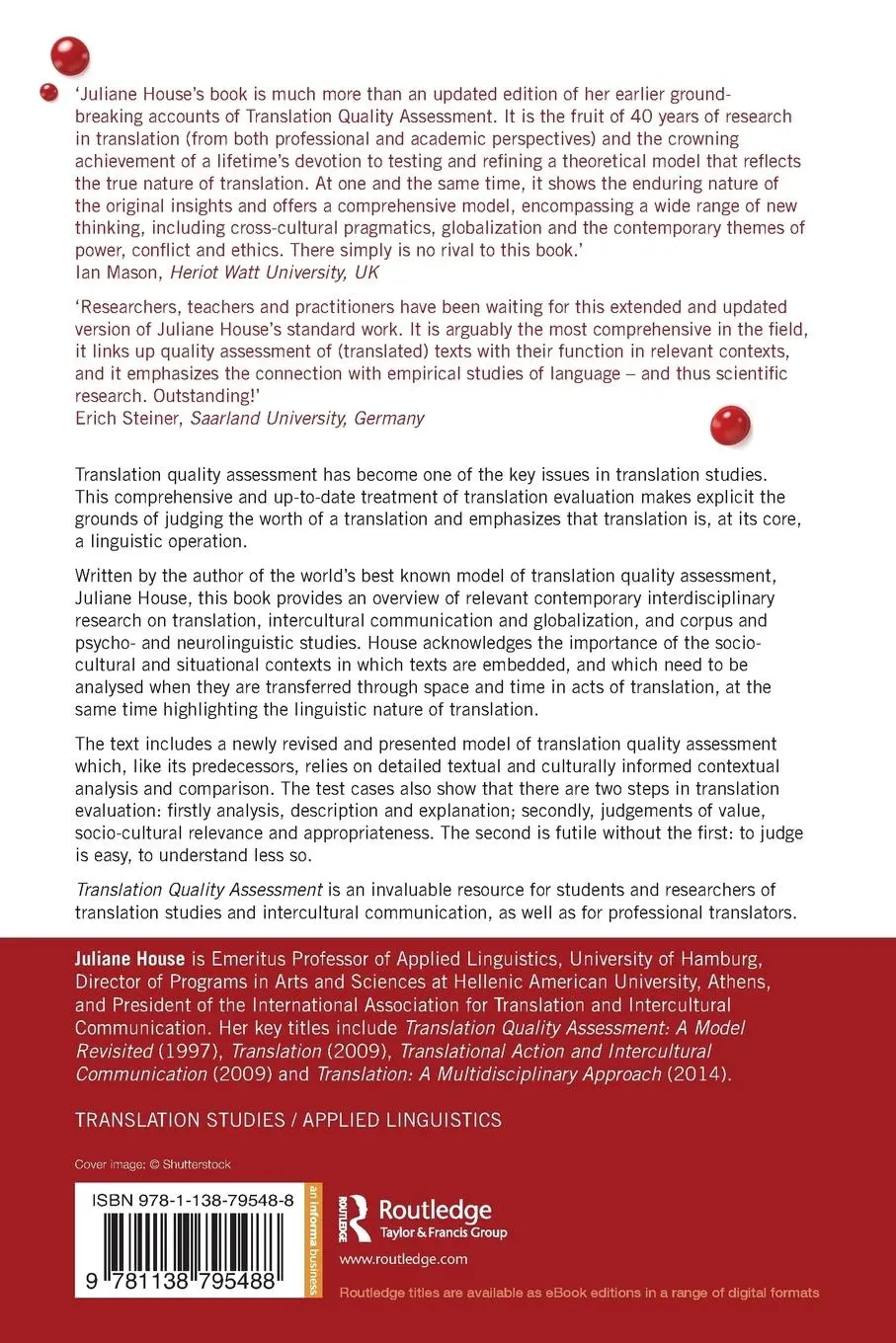 Rückseite: 9781138795488 | Translation Quality Assessment | Past and Present | Juliane House
