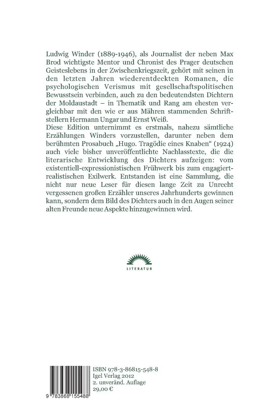 Rückseite: 9783868155488 | Ludwig Winder: Hugo | Und andere Erzählungen | Dieter Sudhoff | Buch