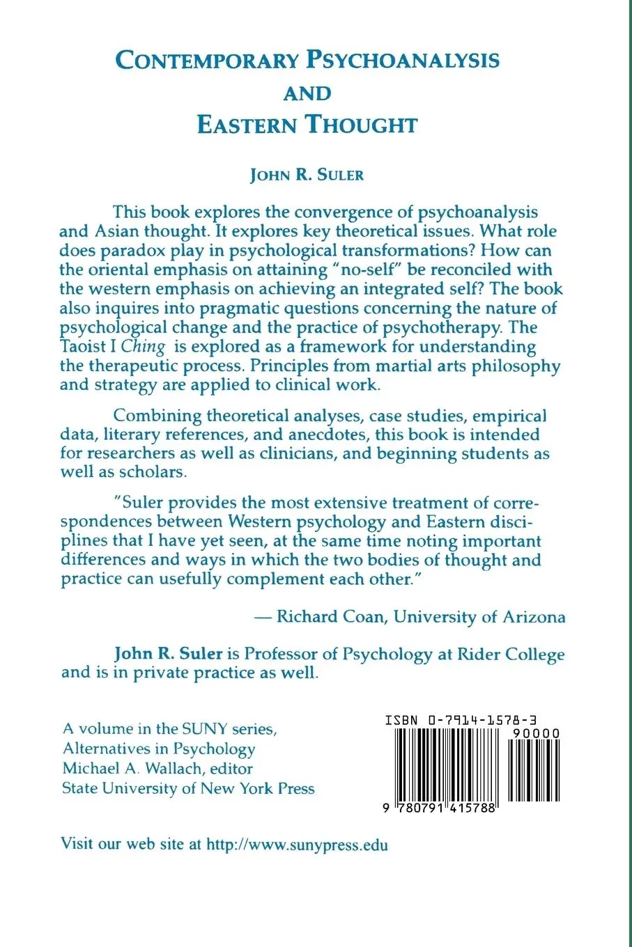 Rückseite: 9780791415788 | Contemporary Psychoanalysis and Eastern Thought | John R. Suler | Buch