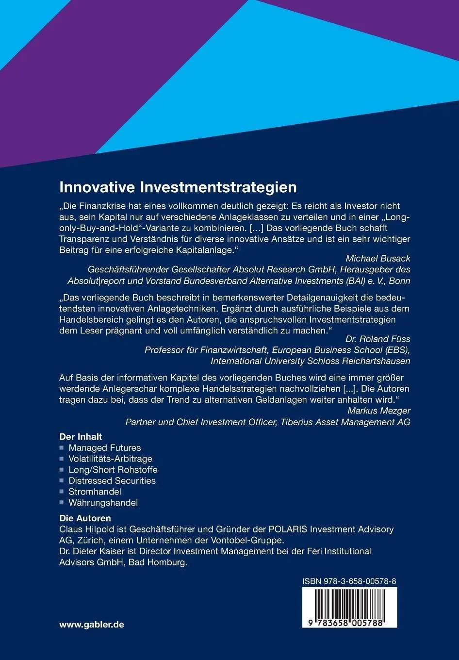 Rückseite: 9783658005788 | Innovative Investmentstrategien | Dieter G. Kaiser (u. a.) | Buch
