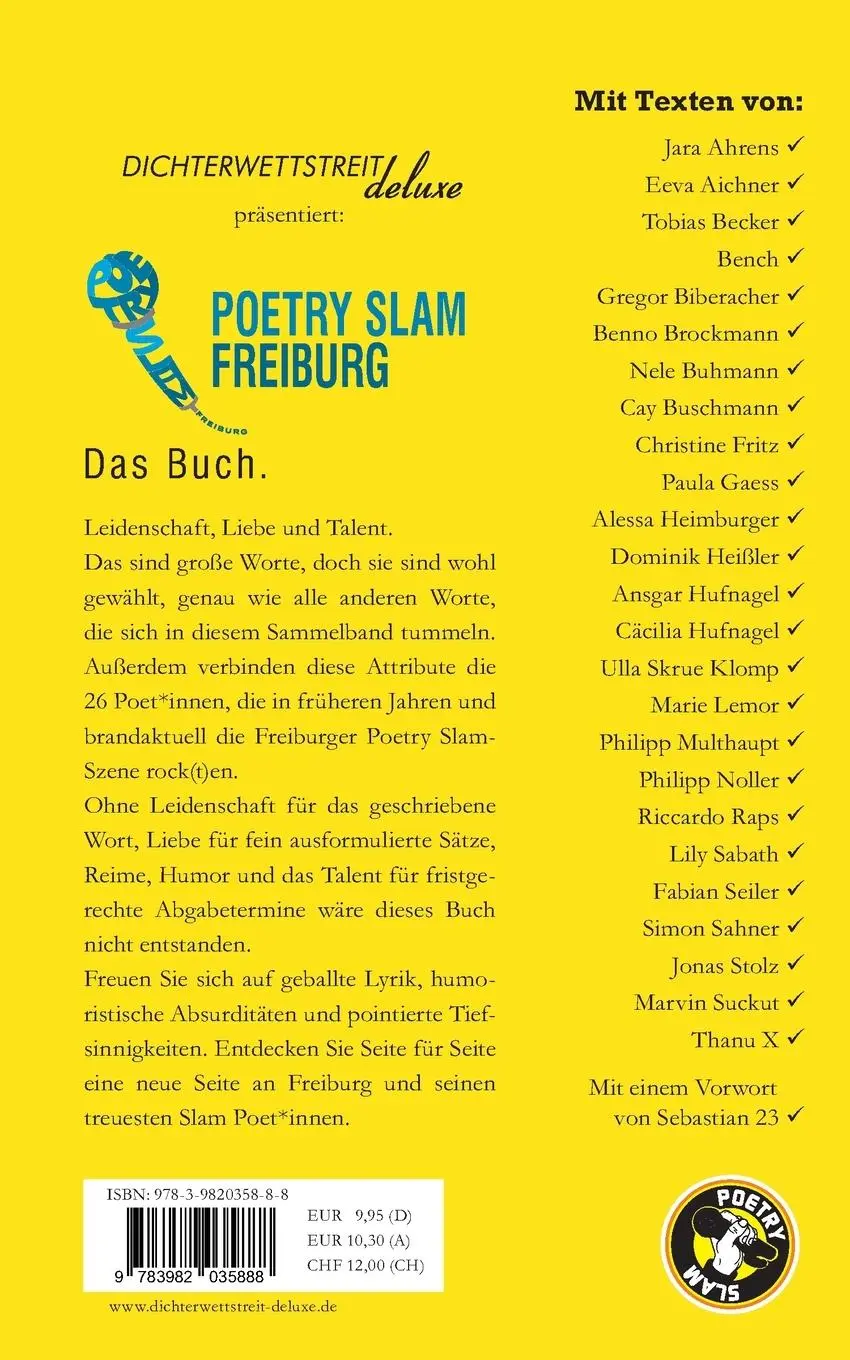 Rückseite: 9783982035888 | Poetry Slam Freiburg | Das Buch. | Sebastian 23 (u. a.) | Taschenbuch