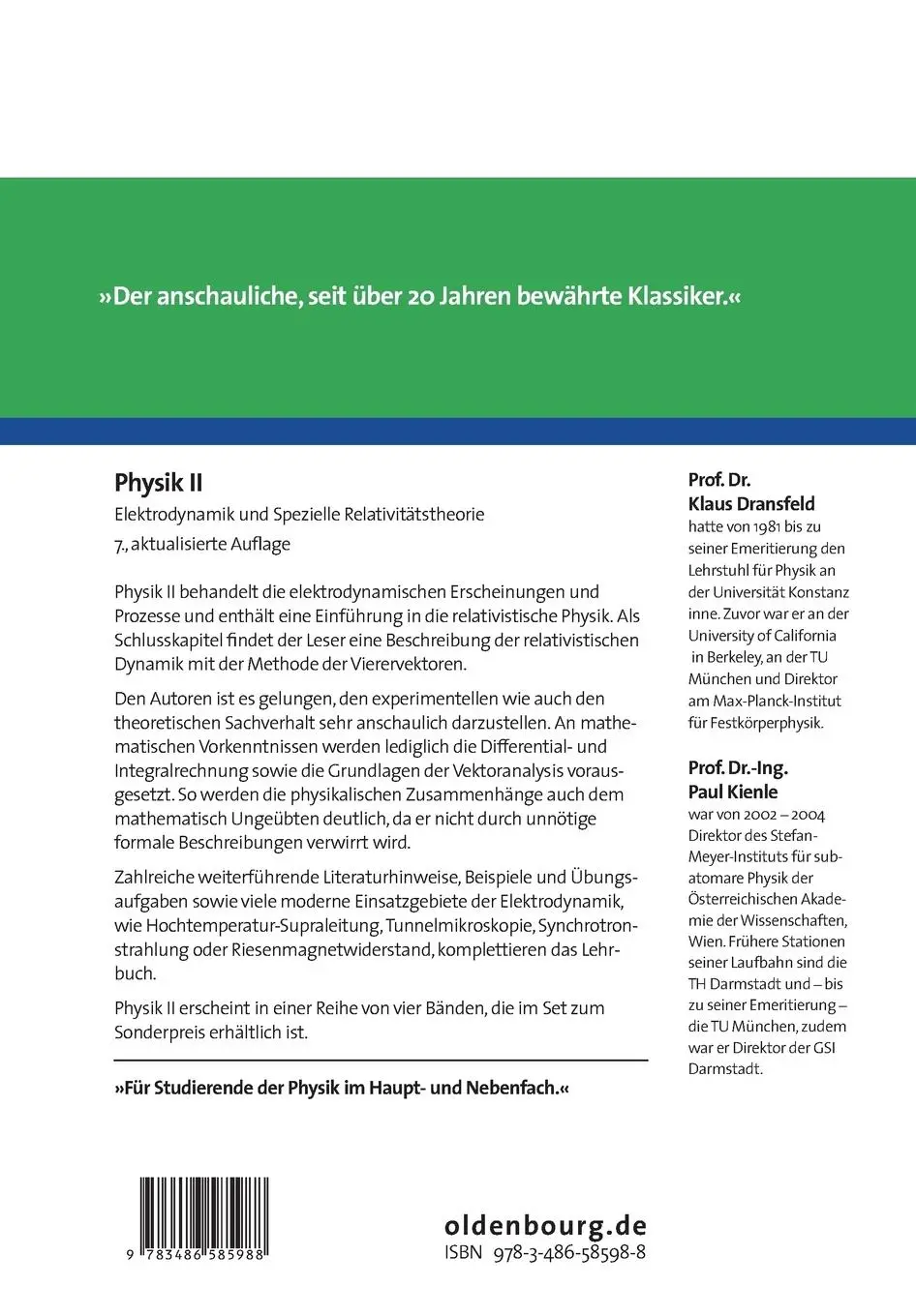 Rückseite: 9783486585988 | Physik II | Elektrodynamik und Spezielle Relativitätstheorie | Buch