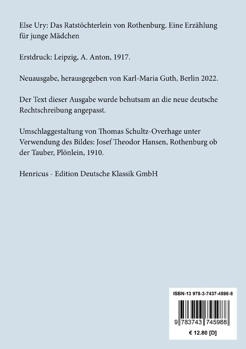 Rückseite: 9783743745988 | Das Ratstöchterlein von Rothenburg | Eine Erzählung für junge Mädchen