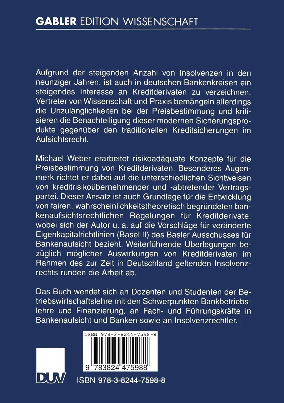Rückseite: 9783824475988 | Bewertung und Eigenkapitalunterlegung von Kreditderivaten | Weber