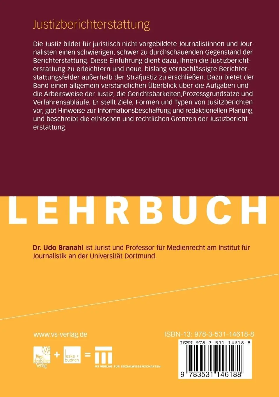Rückseite: 9783531146188 | Justizberichterstattung | Eine Einführung | Udo Branahl | Taschenbuch