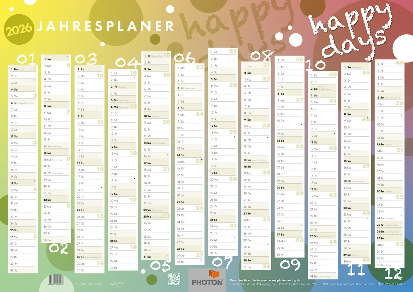 Cover: 9783911156288 | Jahresplaner "HAPPY DAYS" Kalender 2026 | PHOTON® Verlag | Kalender