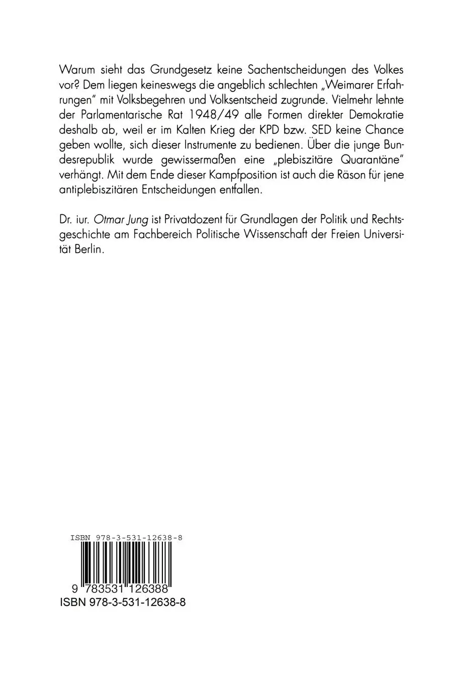Rückseite: 9783531126388 | Grundgesetz und Volksentscheid | Otmar Jung | Taschenbuch | 369 S.