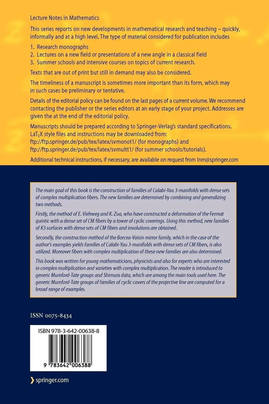 Rückseite: 9783642006388 | Cyclic Coverings, Calabi-Yau Manifolds and Complex Multiplication | ix