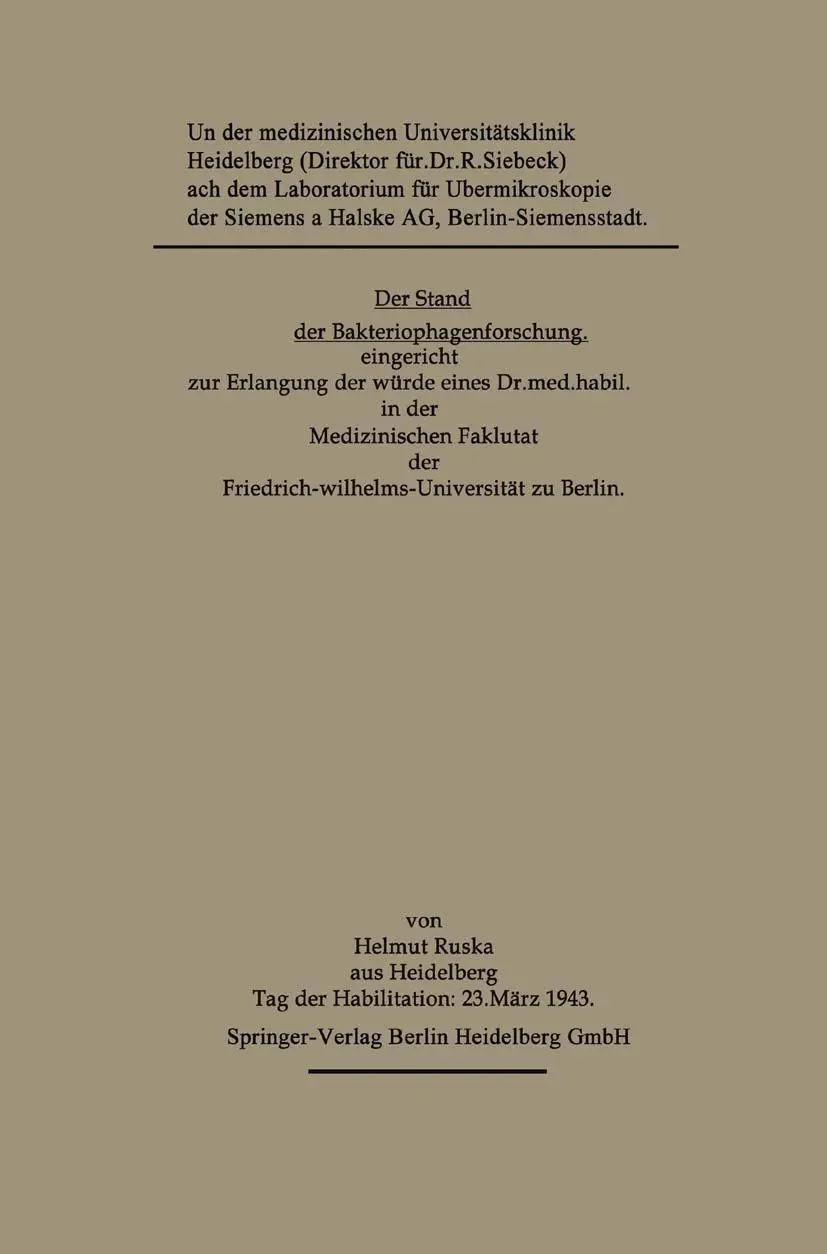Cover: 9783662276488 | Der Stand der Bakteriophagenforschung | Helmut Ruska | Taschenbuch