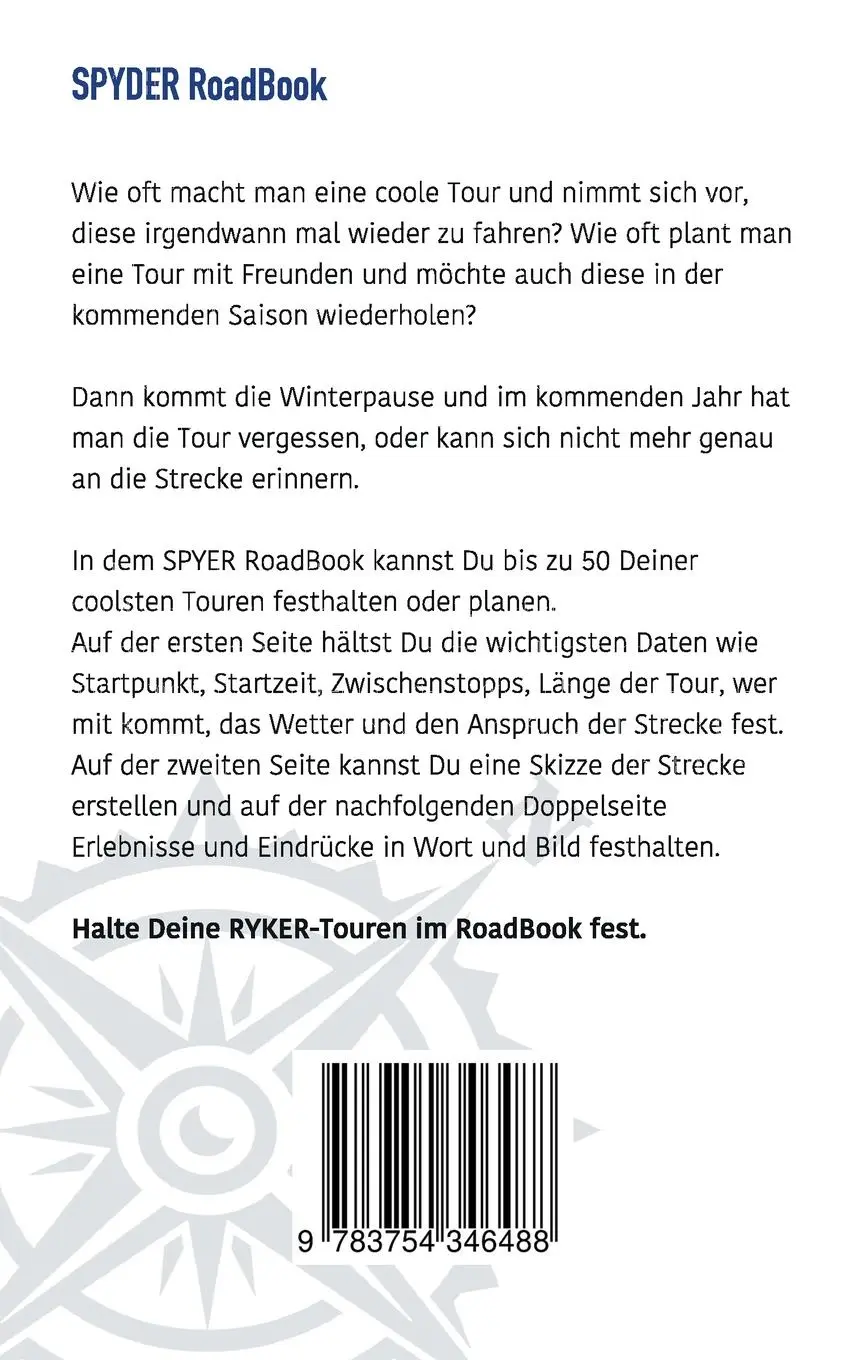 Rückseite: 9783754346488 | SPYDER RoadBook | Halte die schönsten Touren fest | Marco Brandt