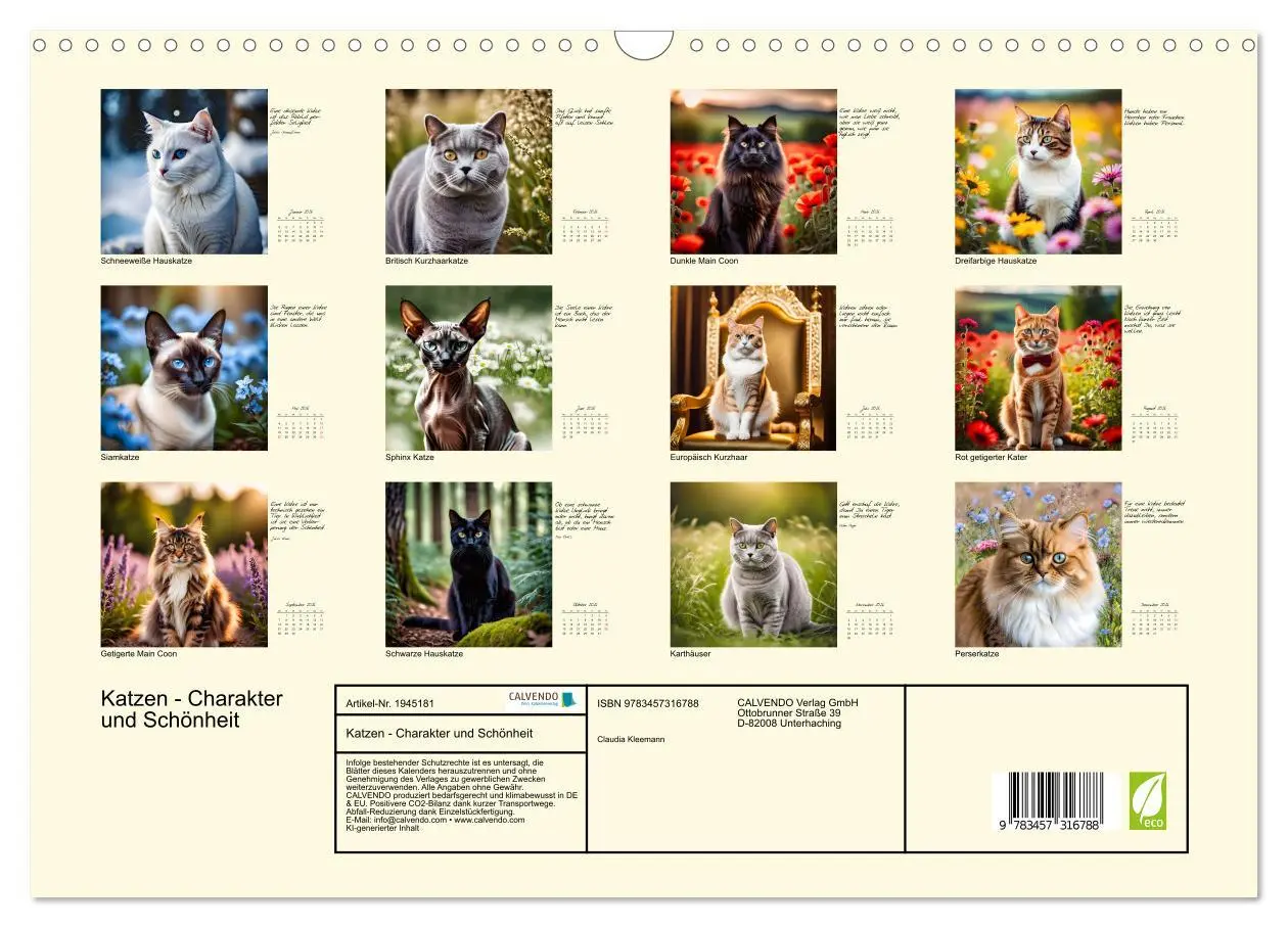 Bild: 9783457316788 | Katzen - Charakter und Schönheit (Wandkalender 2026 DIN A3 quer),...