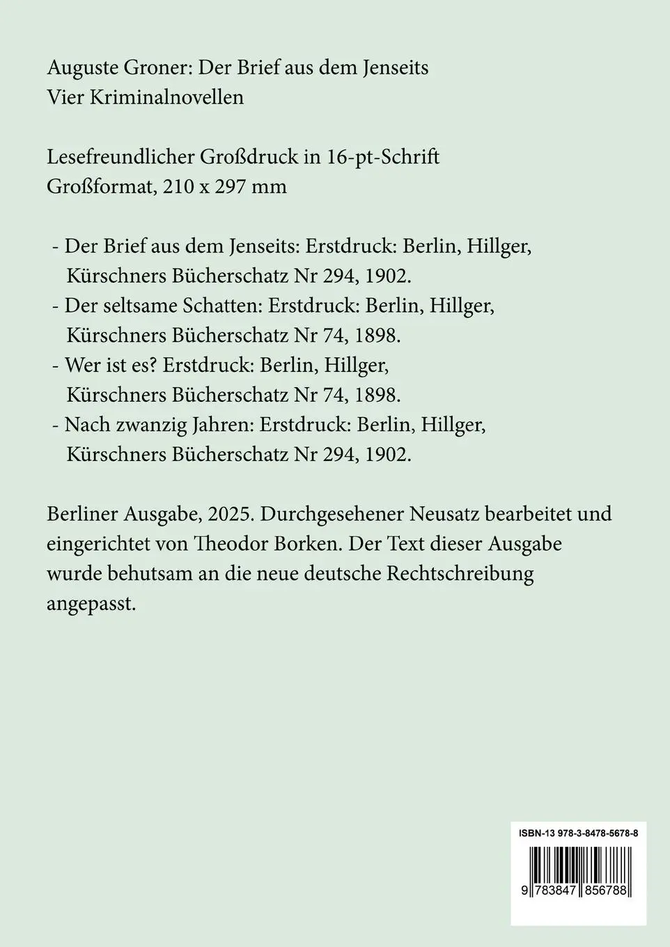Rückseite: 9783847856788 | Der Brief aus dem Jenseits (Großdruck) | Vier Kriminalnovellen | Buch
