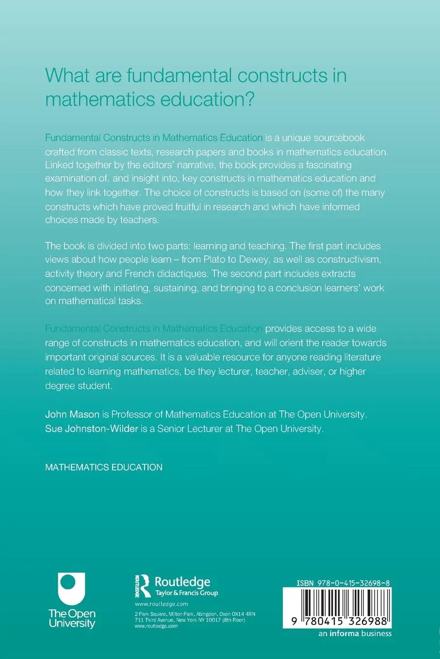 Rückseite: 9780415326988 | Fundamental Constructs in Mathematics Education | Taschenbuch | 2004