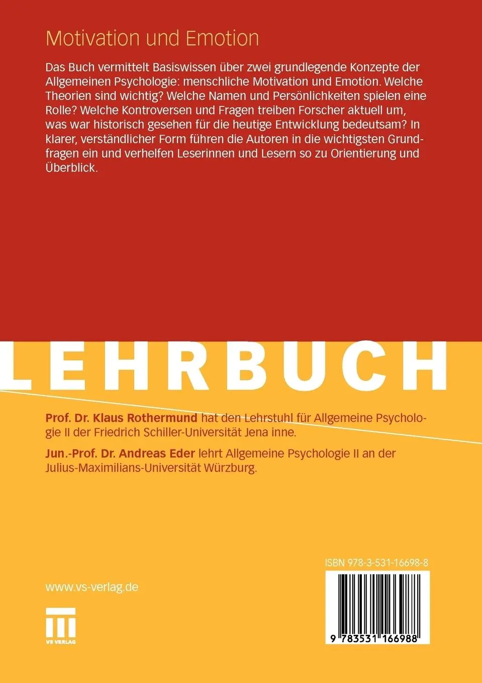 Rückseite: 9783531166988 | Motivation und Emotion | Andreas Eder (u. a.) | Taschenbuch | 221 S.