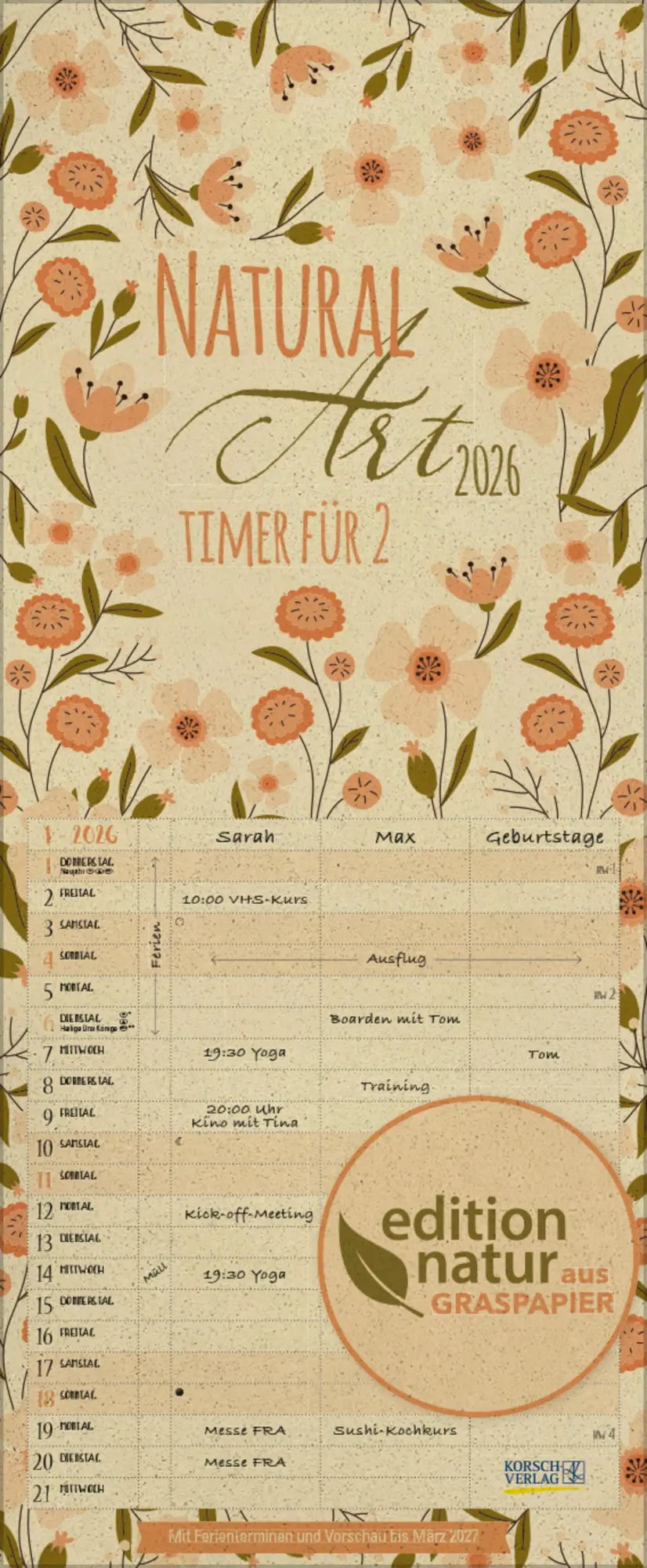 Cover: 9783731887188 | Natural Art Timer für 2 Graspapier 2026 | Korsch Verlag | Kalender