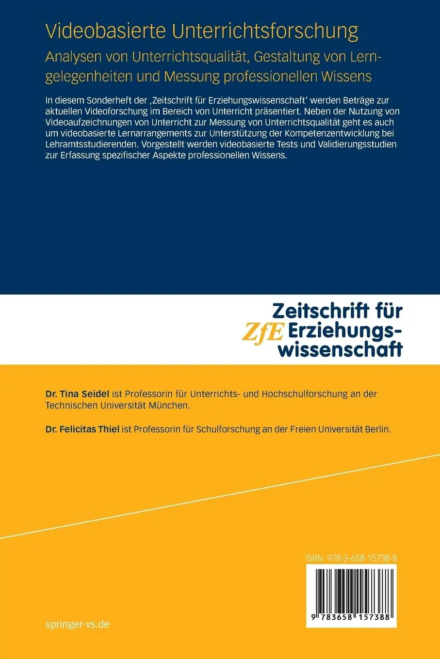 Rückseite: 9783658157388 | Videobasierte Unterrichtsforschung | Felicitas Thiel (u. a.) | Buch