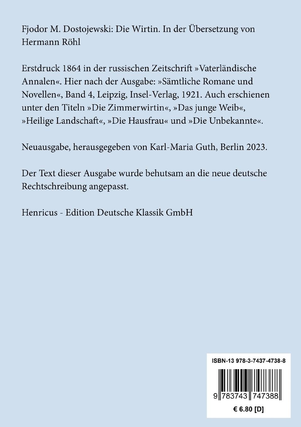 Rückseite: 9783743747388 | Die Wirtin | In der Übersetzung von Hermann Röhl | Dostojewski | Buch
