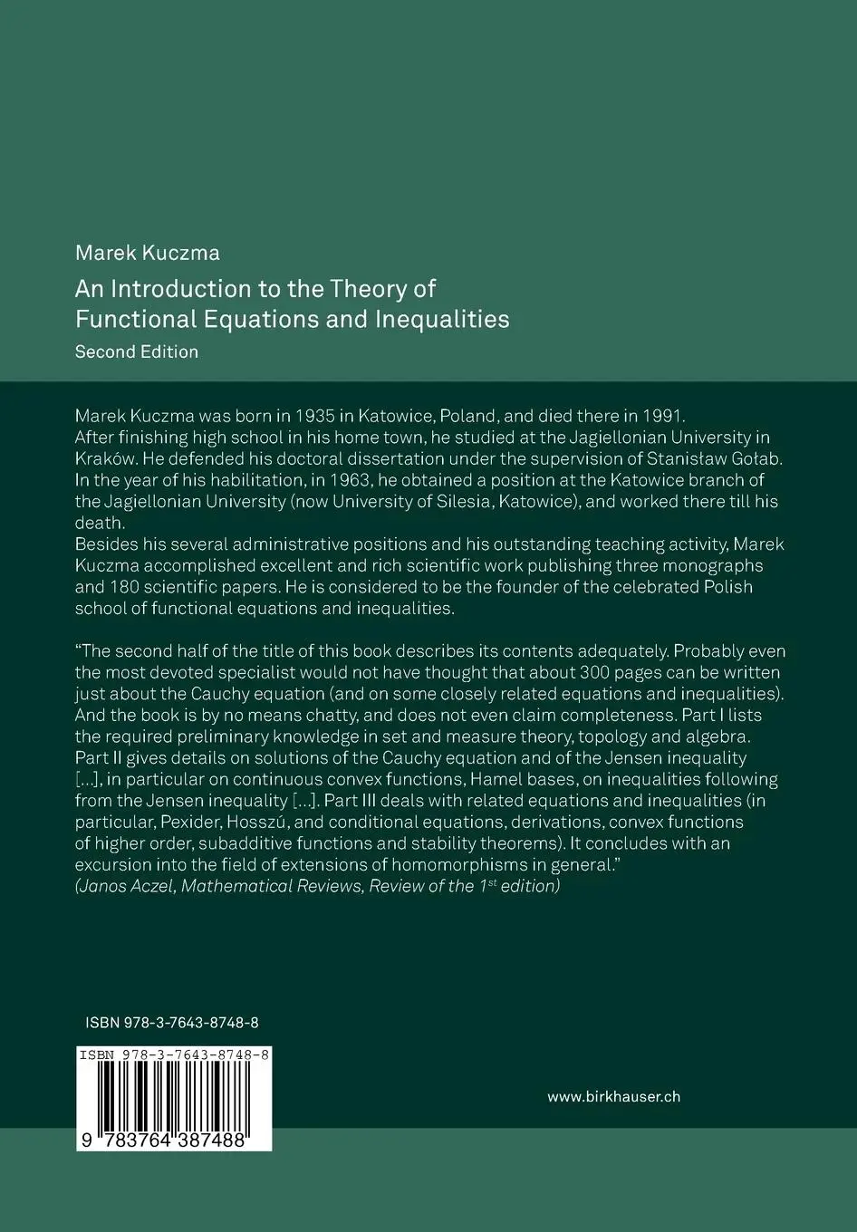 Rückseite: 9783764387488 | An Introduction to the Theory of Functional Equations and Inequalities