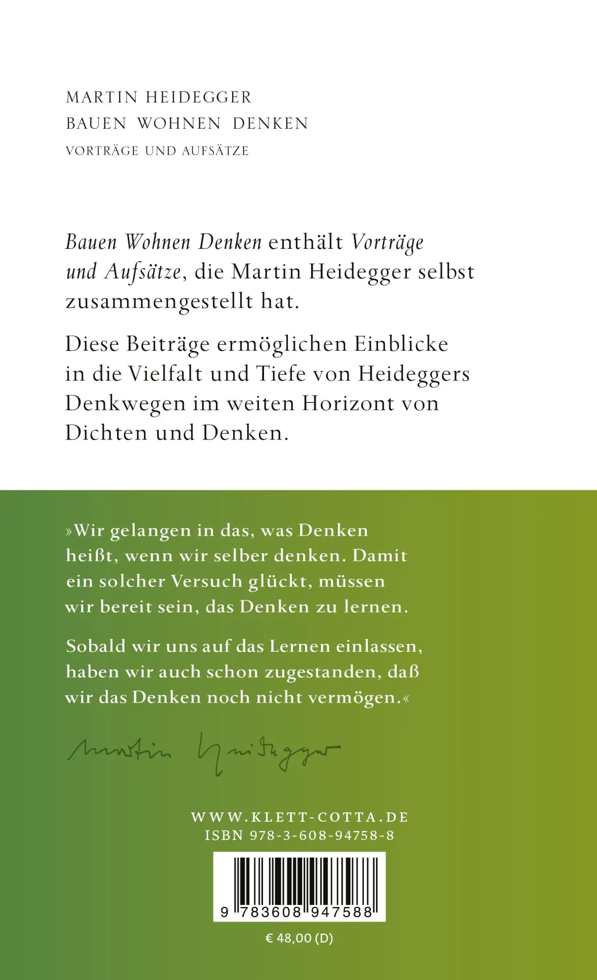 Rückseite: 9783608947588 | Bauen Wohnen Denken | Vorträge und Aufsätze | Martin Heidegger | Buch