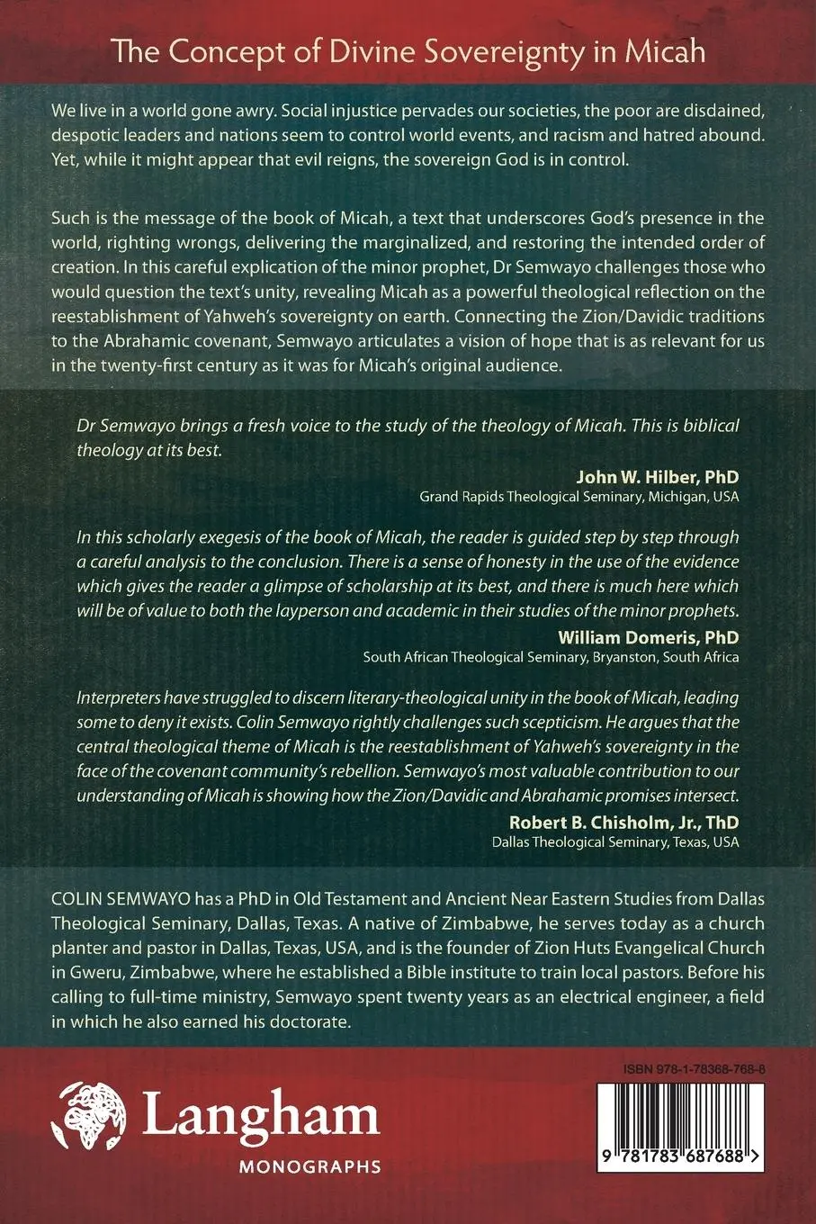 Rückseite: 9781783687688 | The Concept of Divine Sovereignty in Micah | Colin Semwayo | Buch