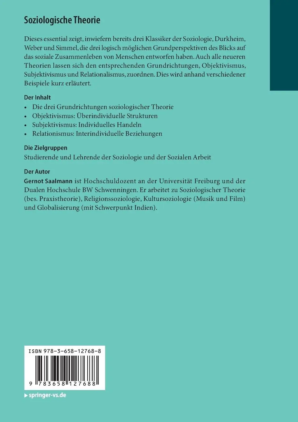Rückseite: 9783658127688 | Soziologische Theorie | Grundformen im Überblick | Gernot Saalmann