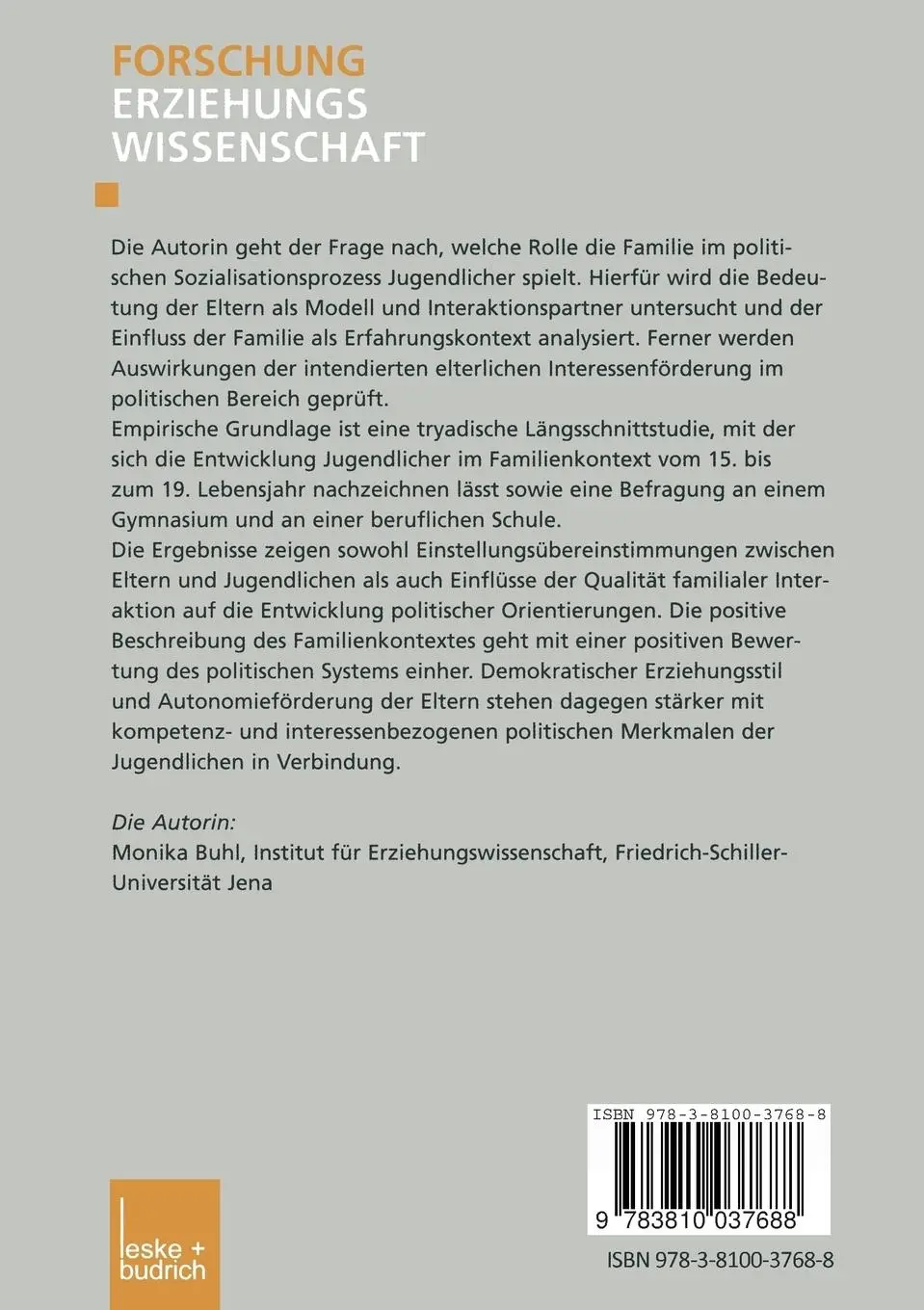 Rückseite: 9783810037688 | Jugend, Familie, Politik | Monika Buhl | Taschenbuch | 207 S. | 2003