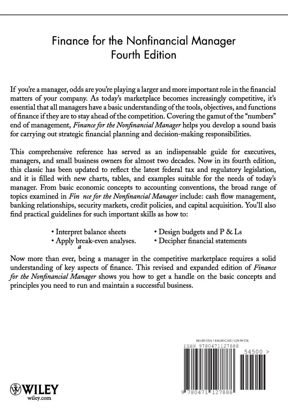 Rückseite: 9780471127888 | Finance for the Nonfinancial Manager | Herbert T Spiro | Taschenbuch