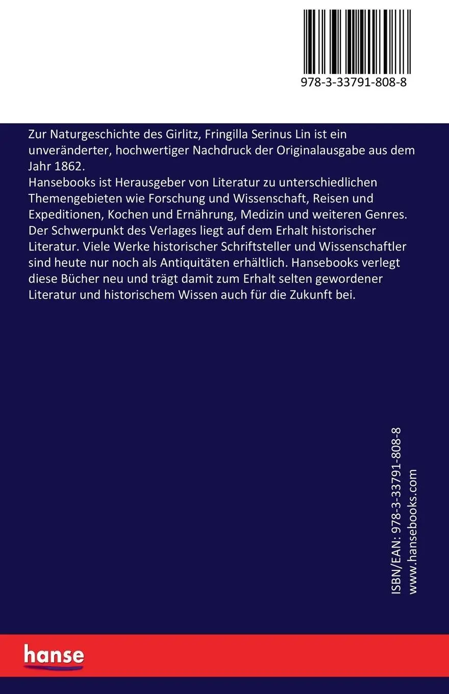 Rückseite: 9783337918088 | Zur Naturgeschichte des Girlitz, Fringilla Serinus Lin | Homeyer