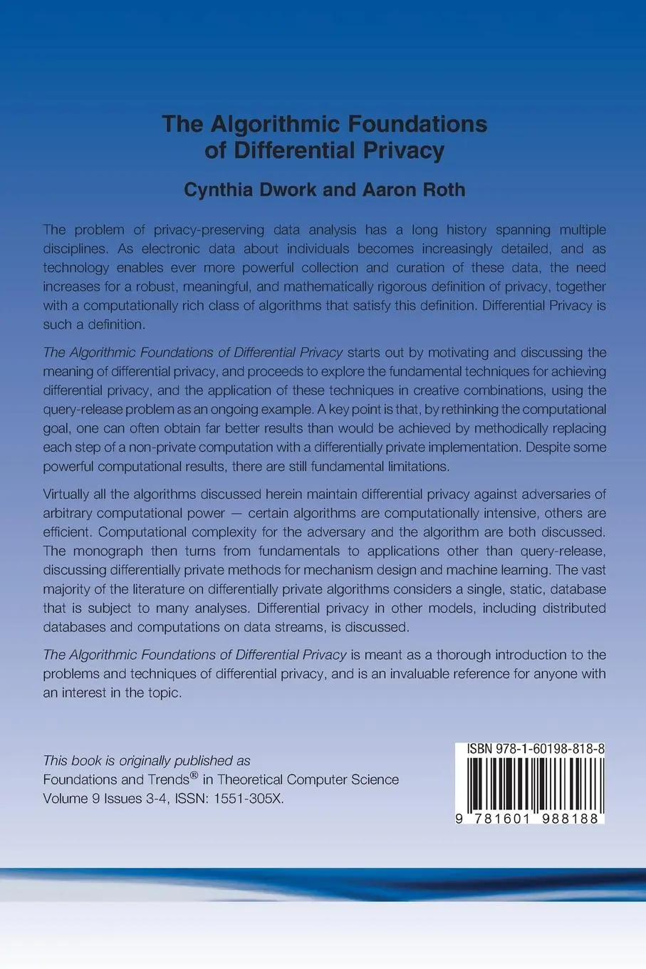 Rückseite: 9781601988188 | The Algorithmic Foundations of Differential Privacy | Dwork (u. a.)