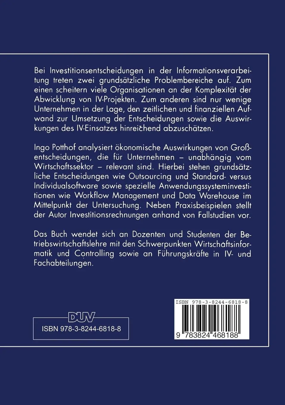 Rückseite: 9783824468188 | Kosten und Nutzen der Informationsverarbeitung | Ingo Potthof | Buch
