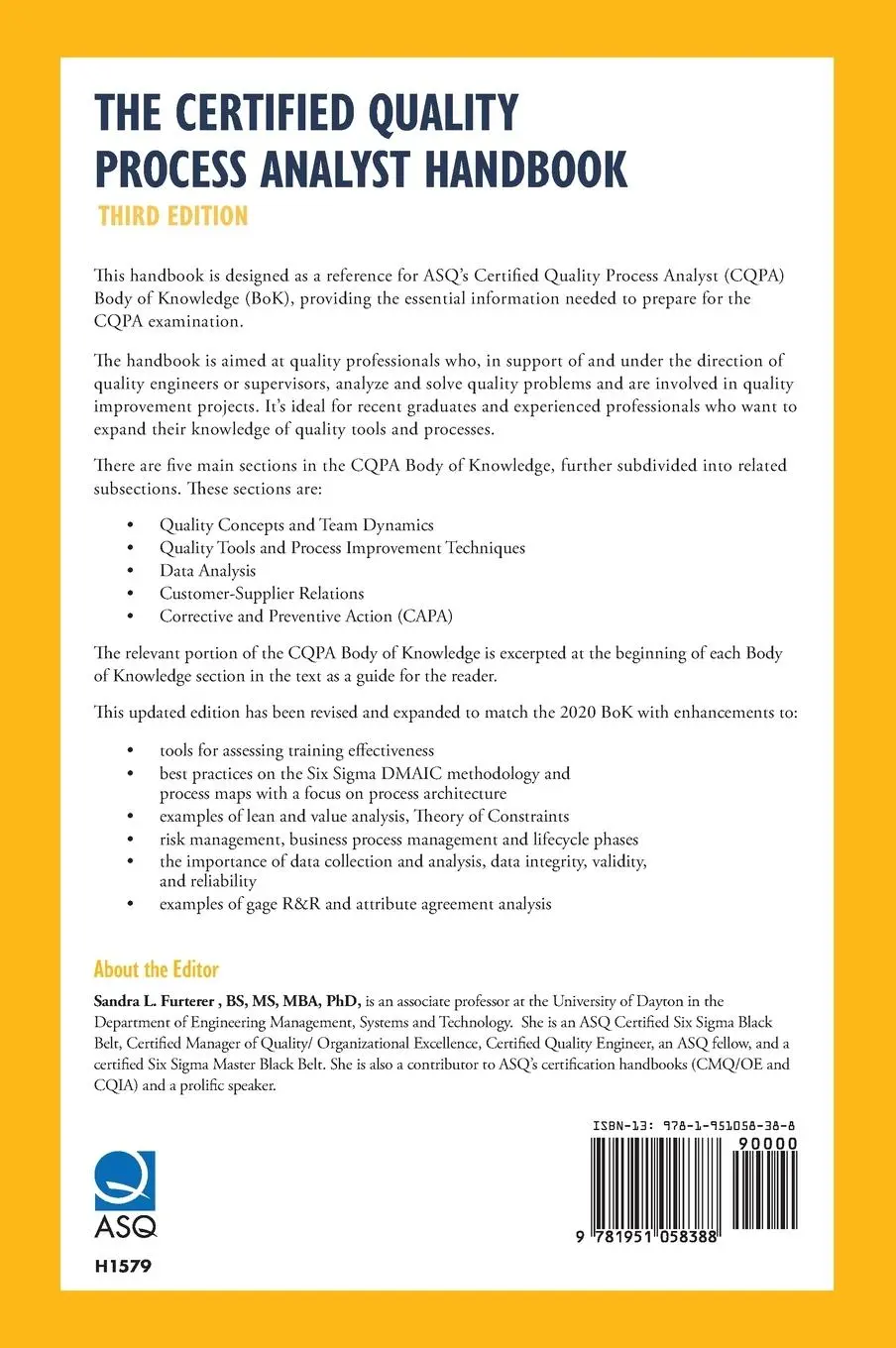Rückseite: 9781951058388 | The ASQ Certified Quality Process Analyst Handbook | Furterer | Buch
