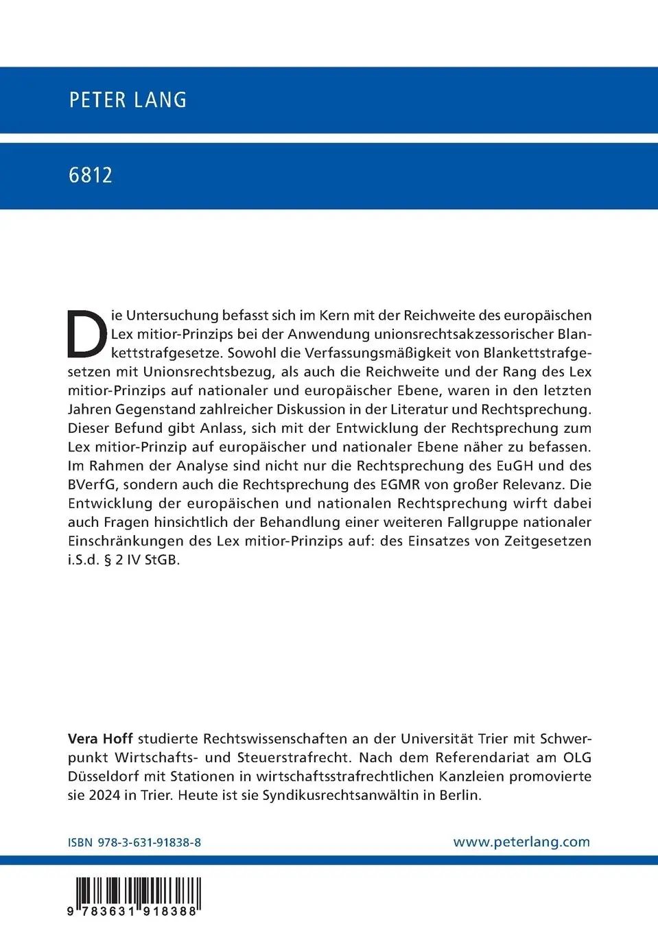 Rückseite: 9783631918388 | Die Reichweite des europäischen Lex mitior-Prinzips bei der...
