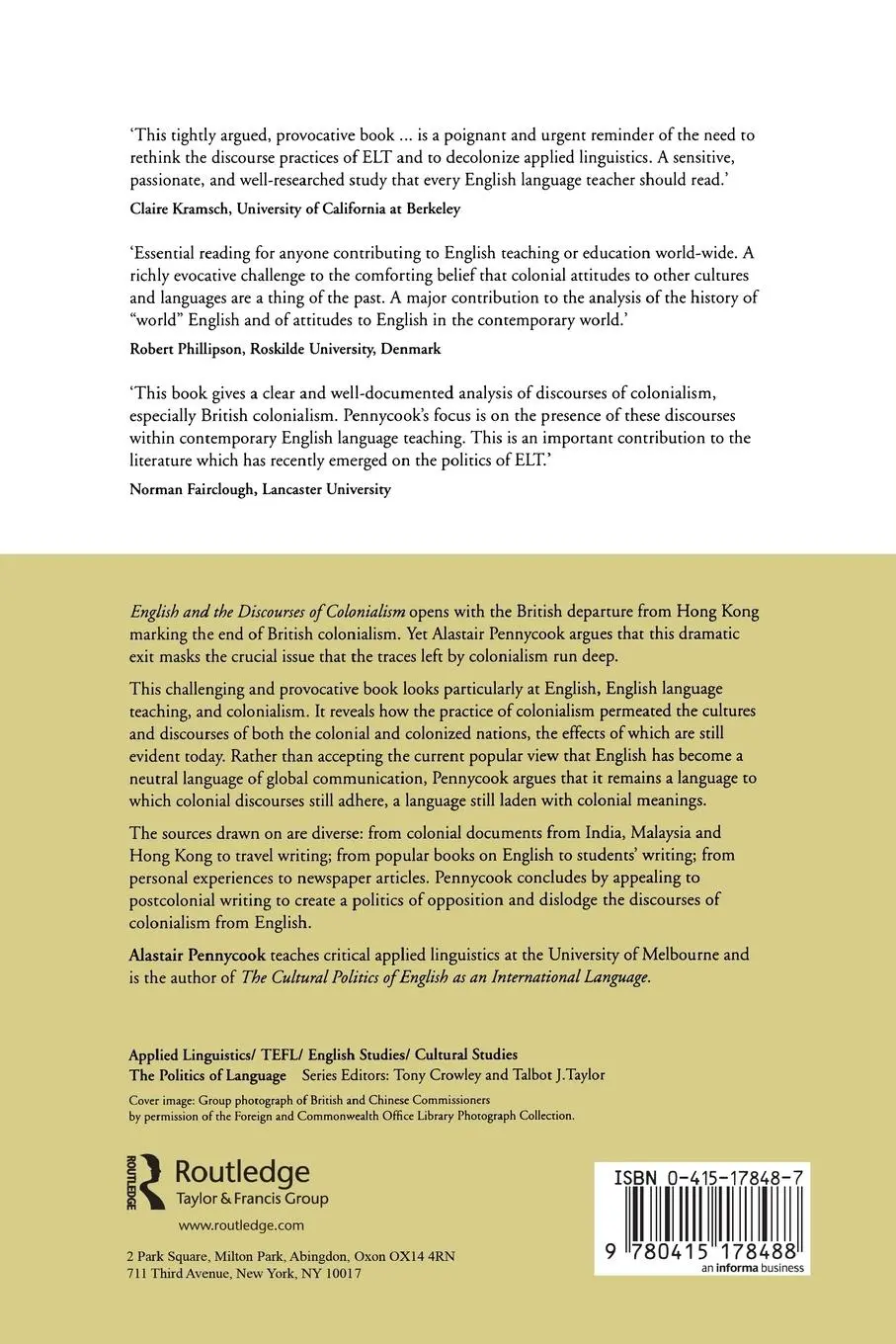 Rückseite: 9780415178488 | English and the Discourses of Colonialism | Alastair Pennycook | Buch