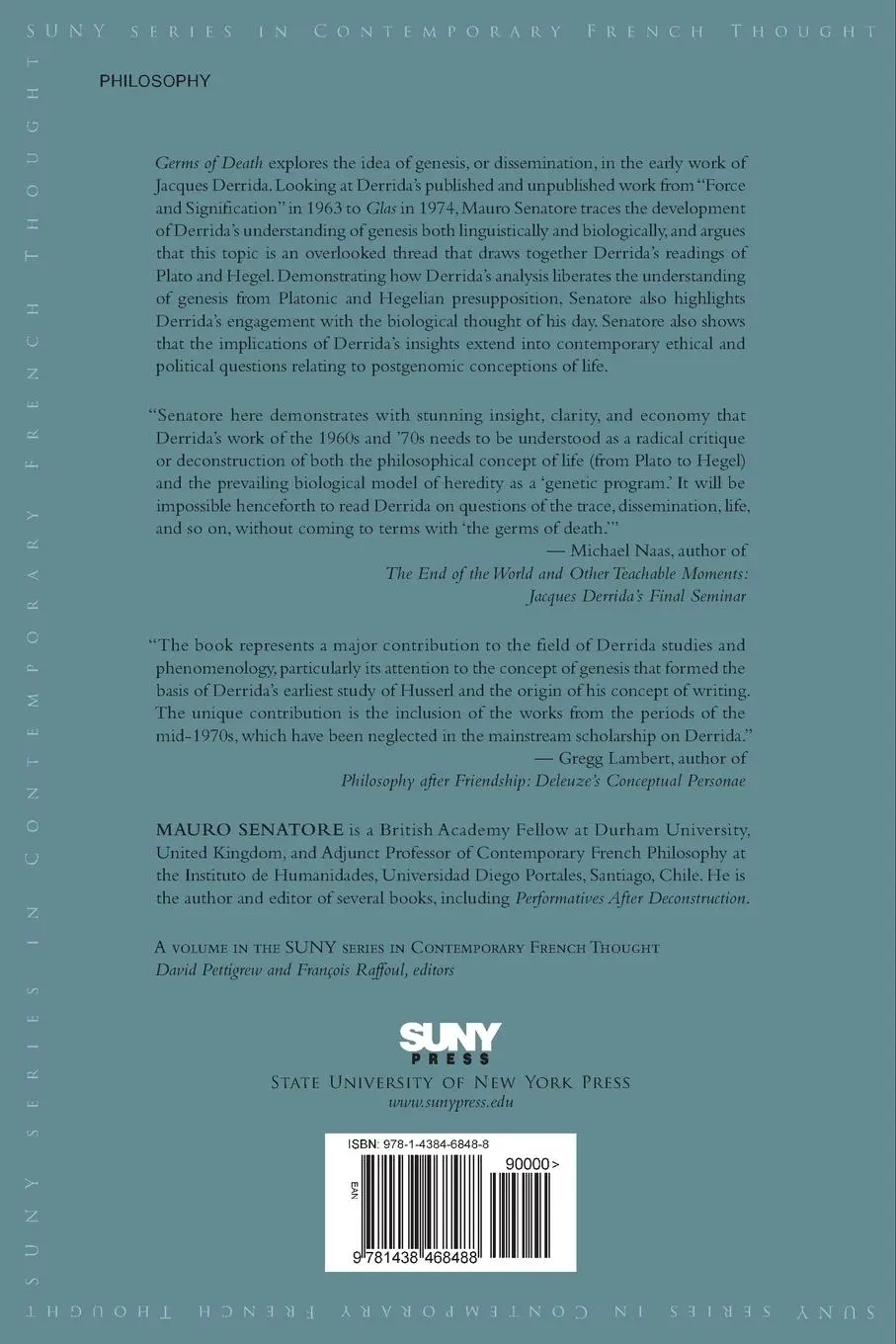 Rückseite: 9781438468488 | Germs of Death | The Problem of Genesis in Jacques Derrida | Senatore