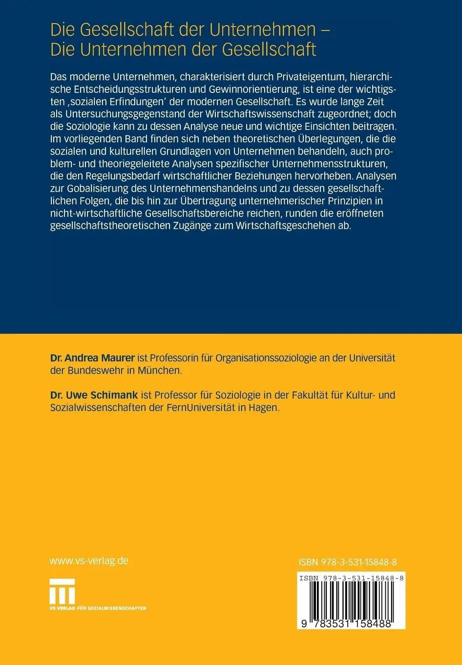 Rückseite: 9783531158488 | Die Gesellschaft der Unternehmen - Die Unternehmen der Gesellschaft