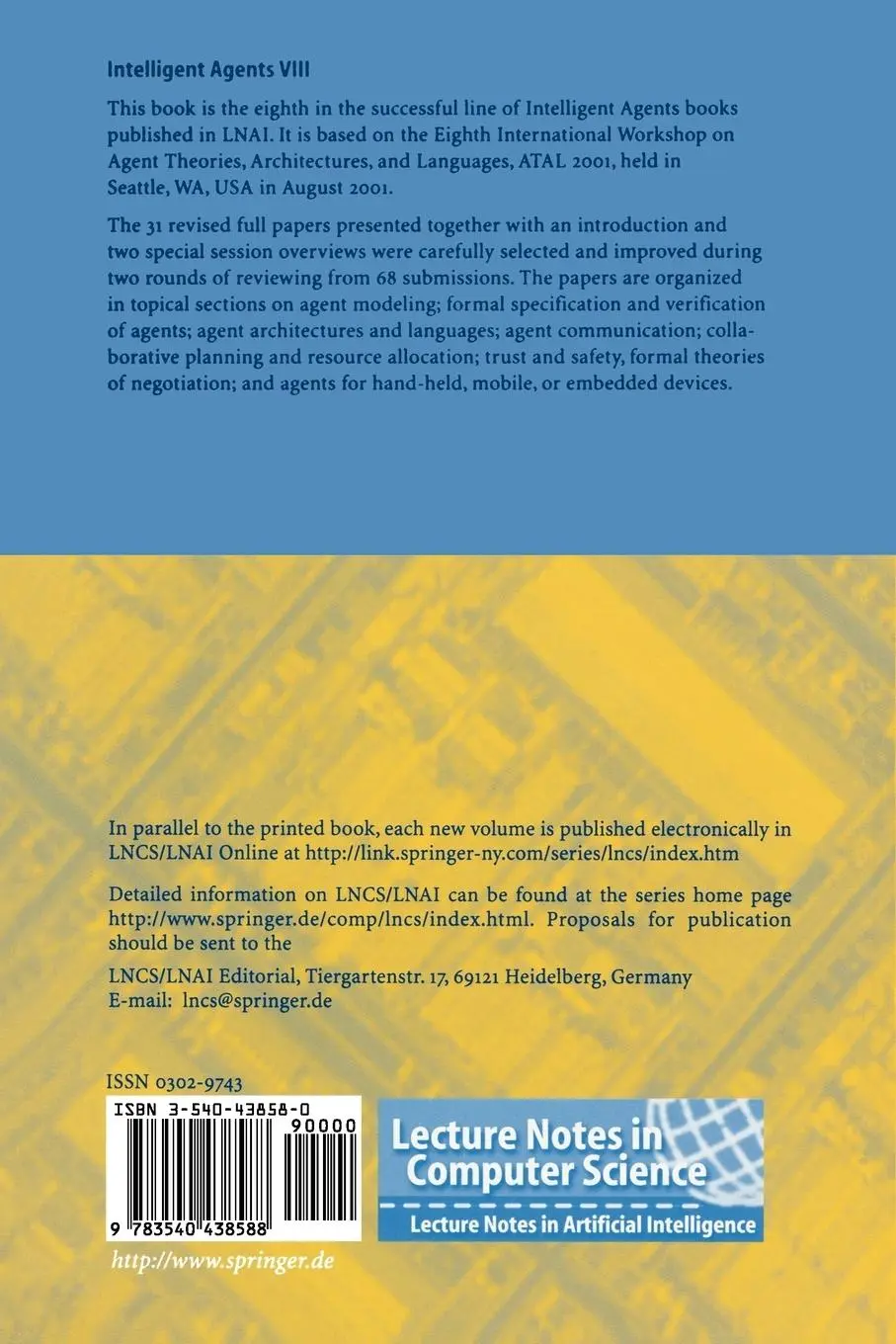 Rückseite: 9783540438588 | Intelligent Agents VIII | Milind Tambe (u. a.) | Taschenbuch | 2002