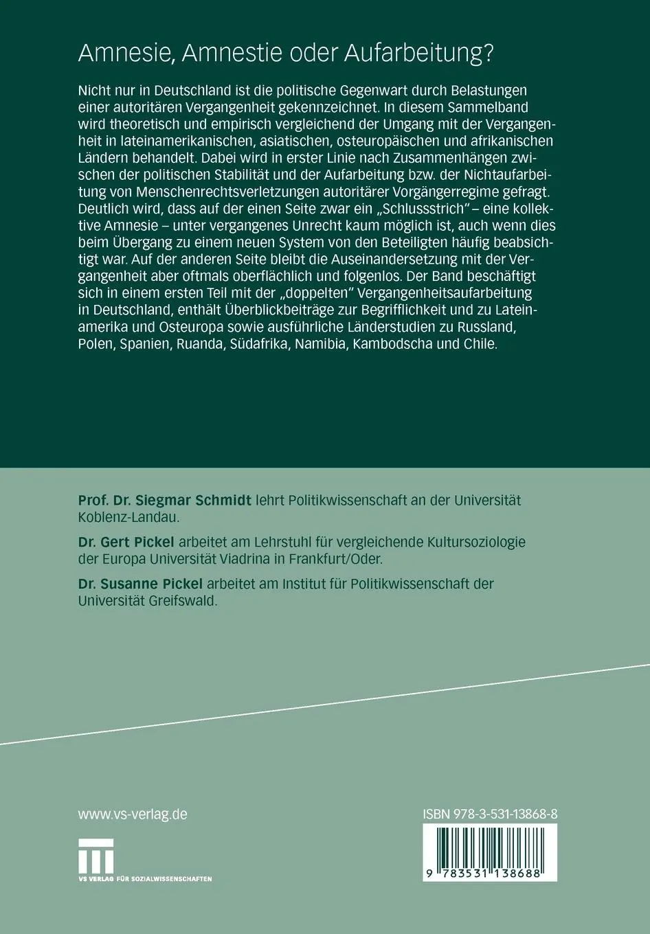 Rückseite: 9783531138688 | Amnesie, Amnestie oder Aufarbeitung? | Siegmar Schmidt (u. a.) | Buch