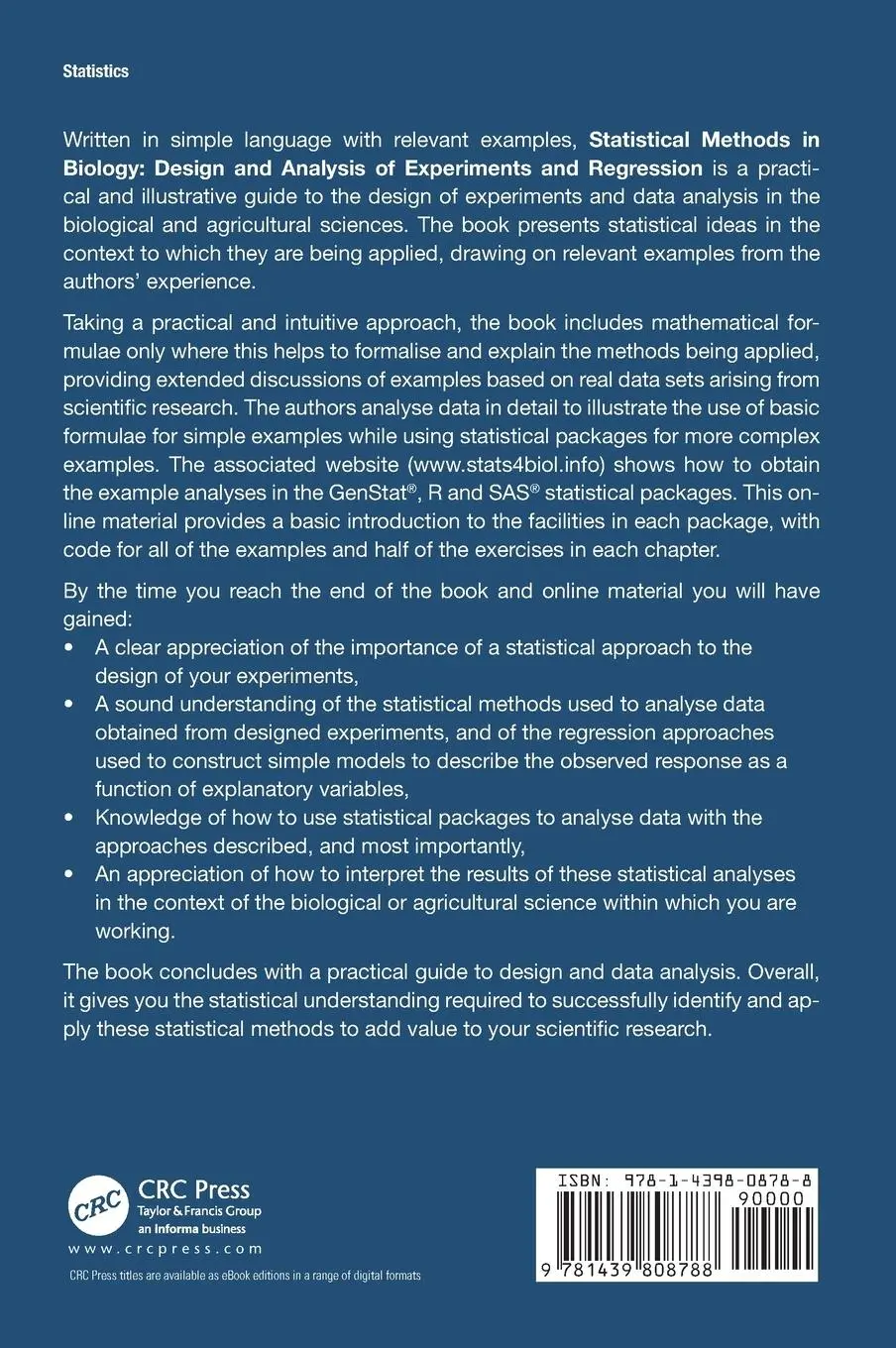 Rückseite: 9781439808788 | Statistical Methods in Biology | S. J. Welham (u. a.) | Buch | 2014
