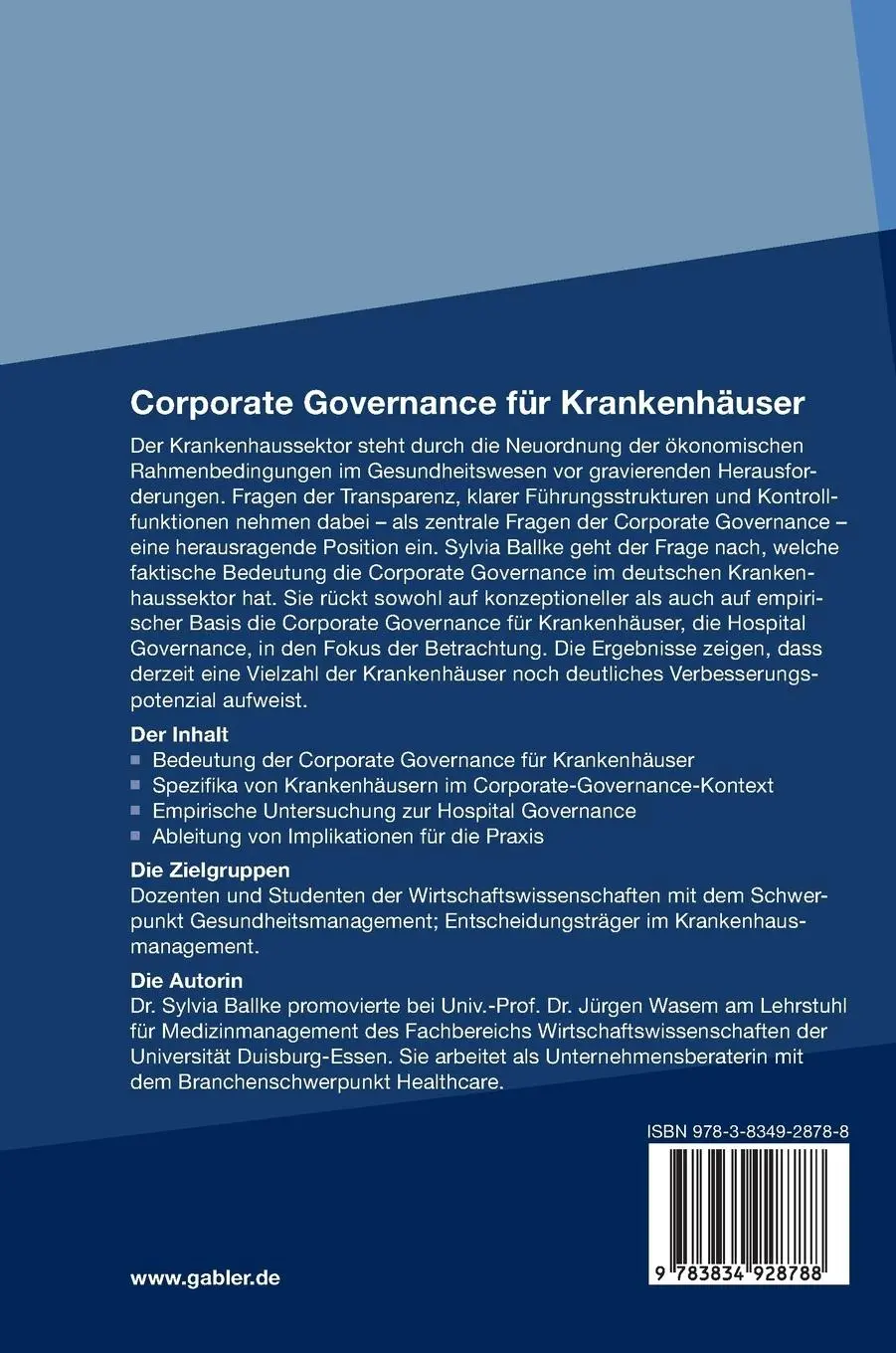 Rückseite: 9783834928788 | Corporate Governance für Krankenhäuser | Sylvia Ballke | Buch | xxiv