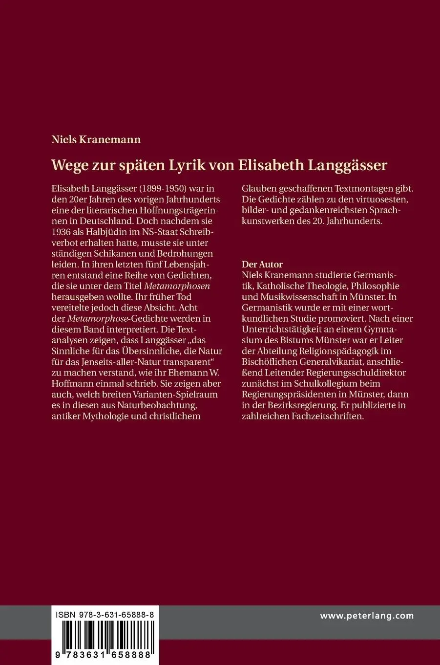 Rückseite: 9783631658888 | Wege zur späten Lyrik von Elisabeth Langgässer | Niels Kranemann