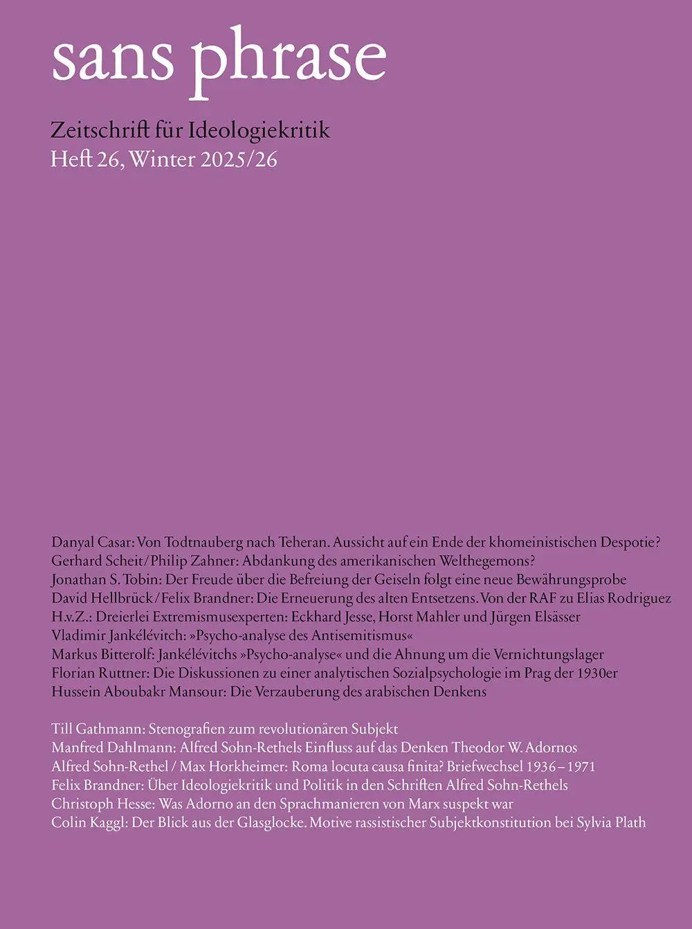 Cover: 9783862599288 | sans phrase - Zeitschrift für Ideologiekritik; Heft 26, Winter 2025/26
