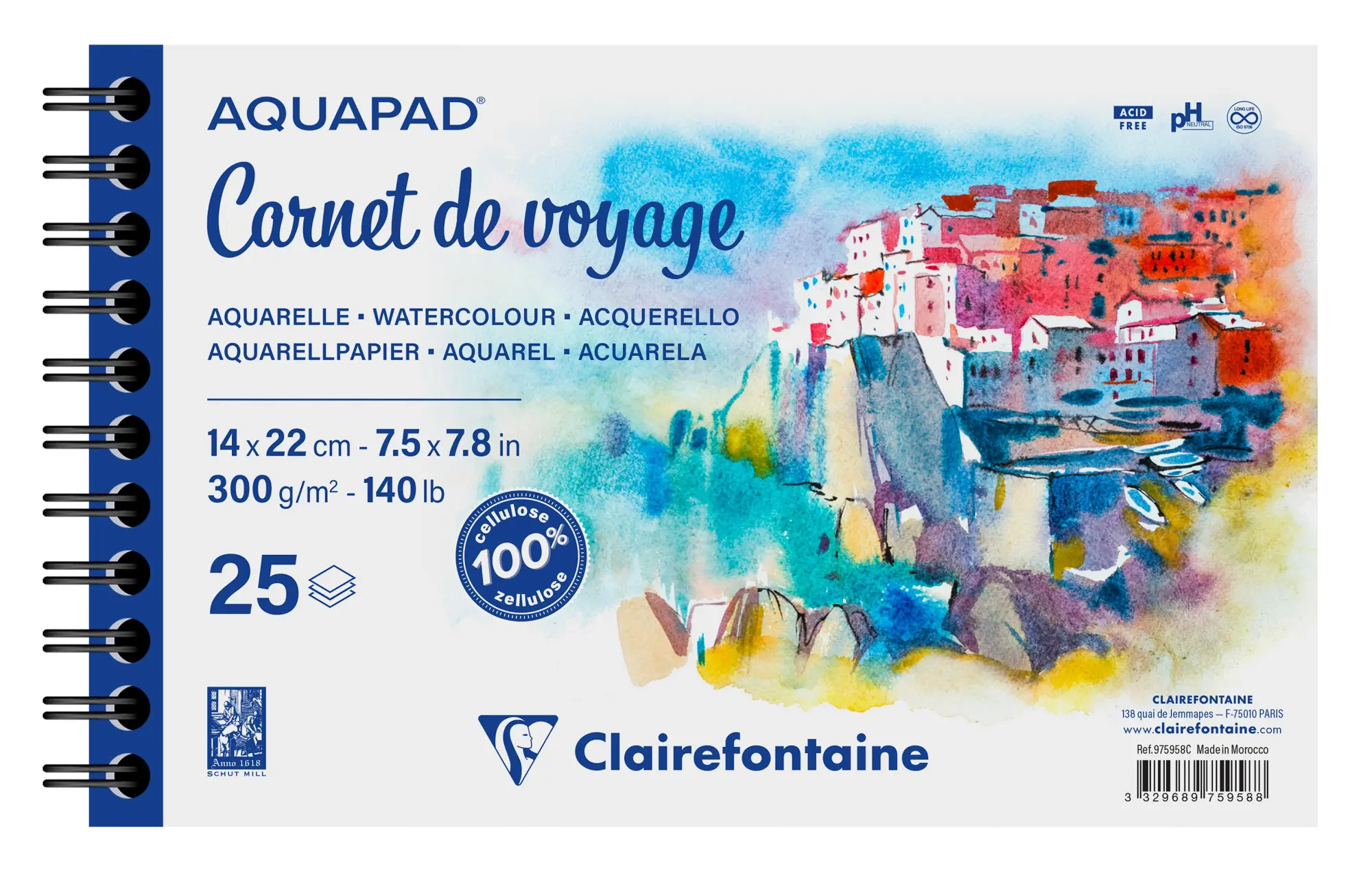 Aquapad Reisealbum Skizzenbuch Aquarell, 14x22cm, 300g, 25 Blatt
