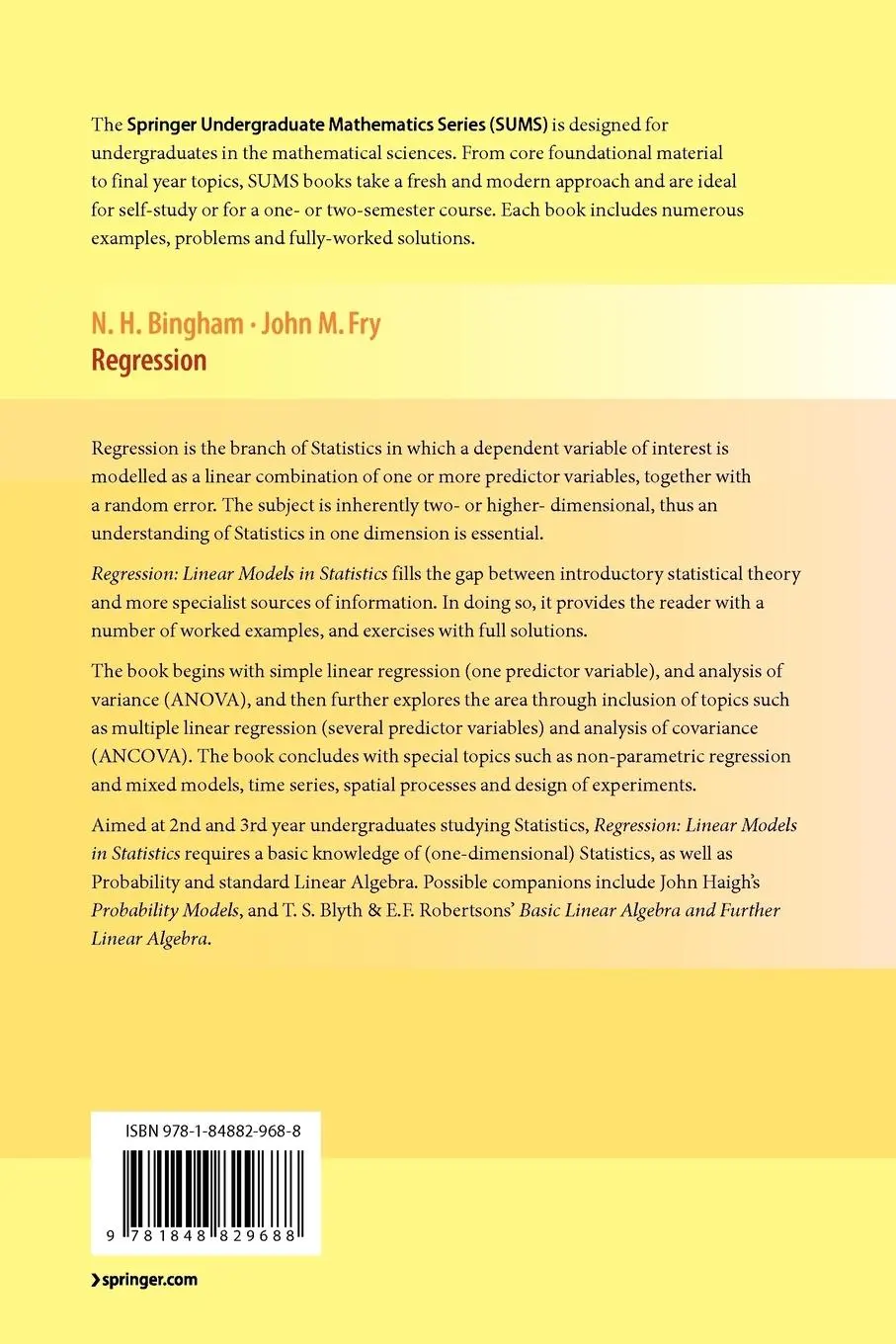 Rückseite: 9781848829688 | Regression | Linear Models in Statistics | N H Bingham (u. a.) | Buch