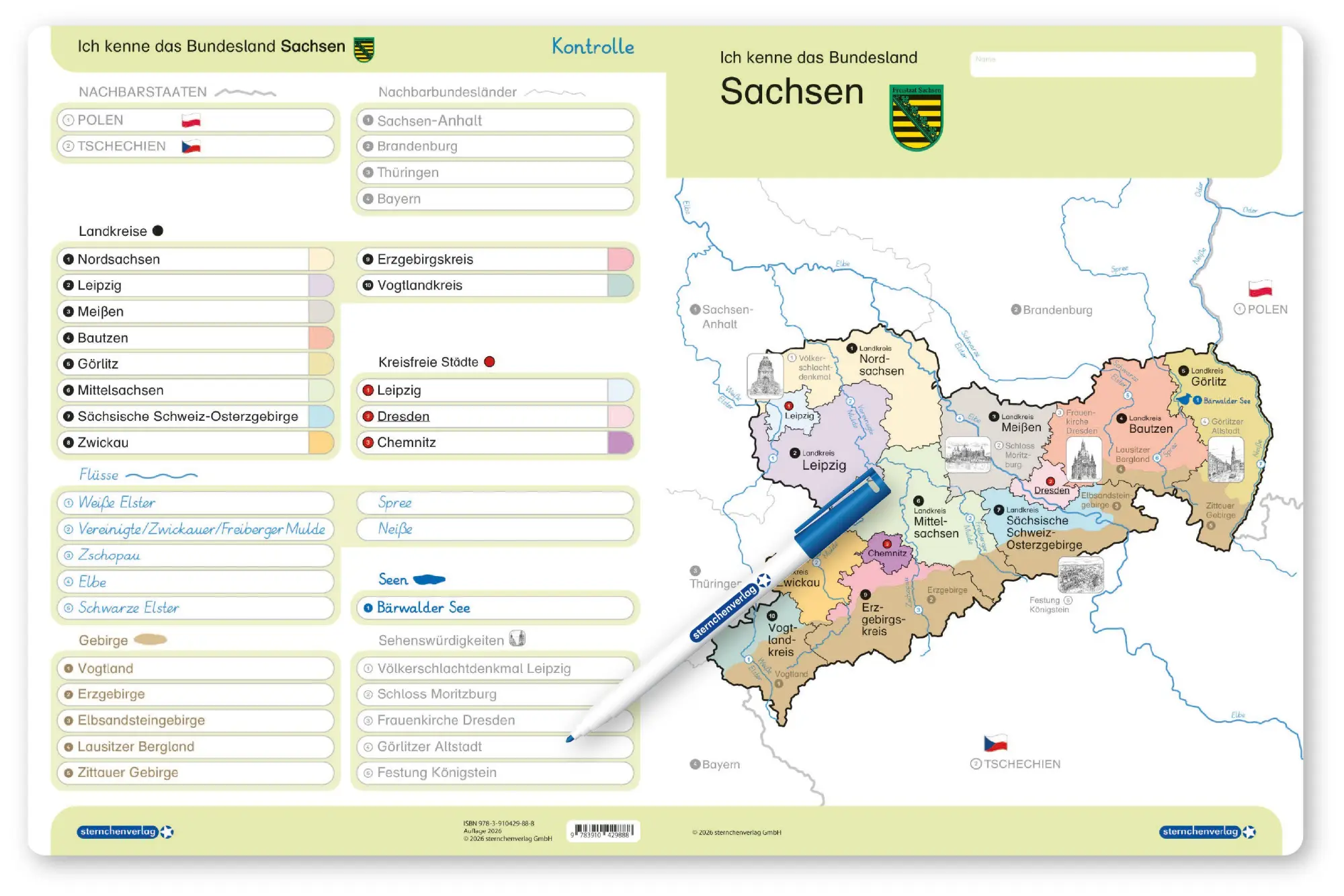 Cover: 9783910429888 | Ich kenne das Bundesland Sachsen- Lerntafel mit Stift | GmbH (u. a.)