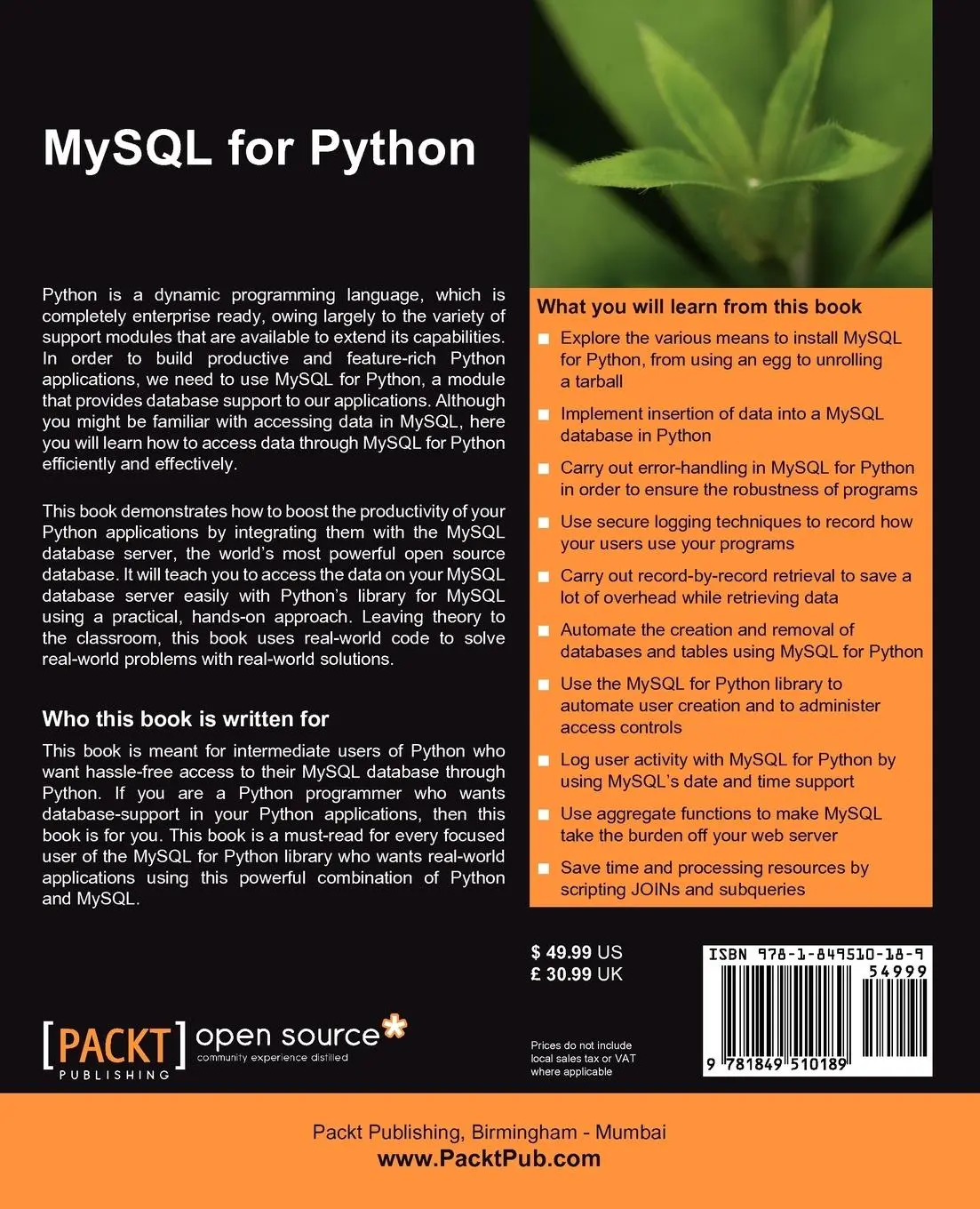 Rückseite: 9781849510189 | MySQL for Python | Database Access Made Easy | Albert Lukaszewski
