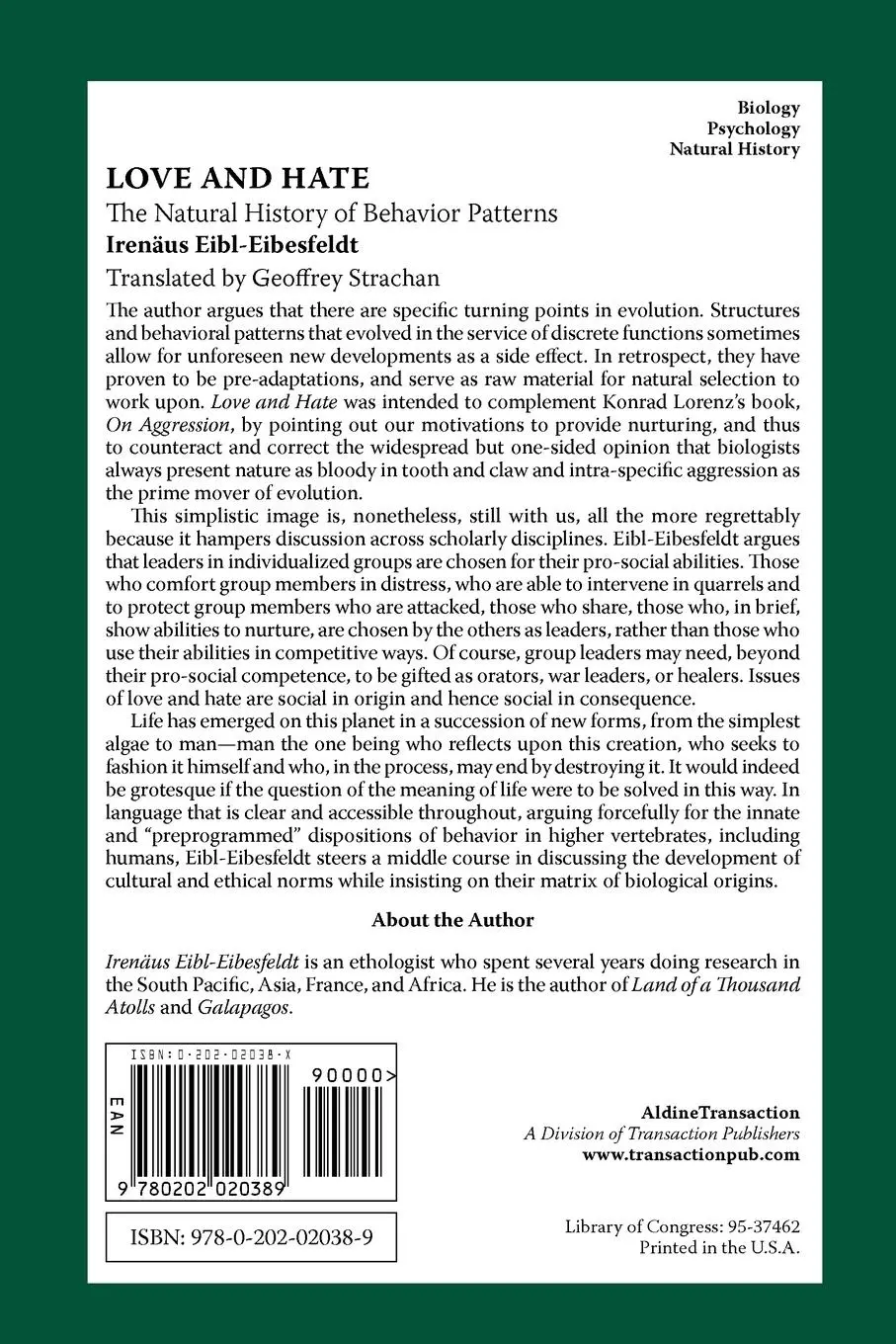 Rückseite: 9780202020389 | Love and Hate | The Natural History of Behavior Patterns | Taschenbuch