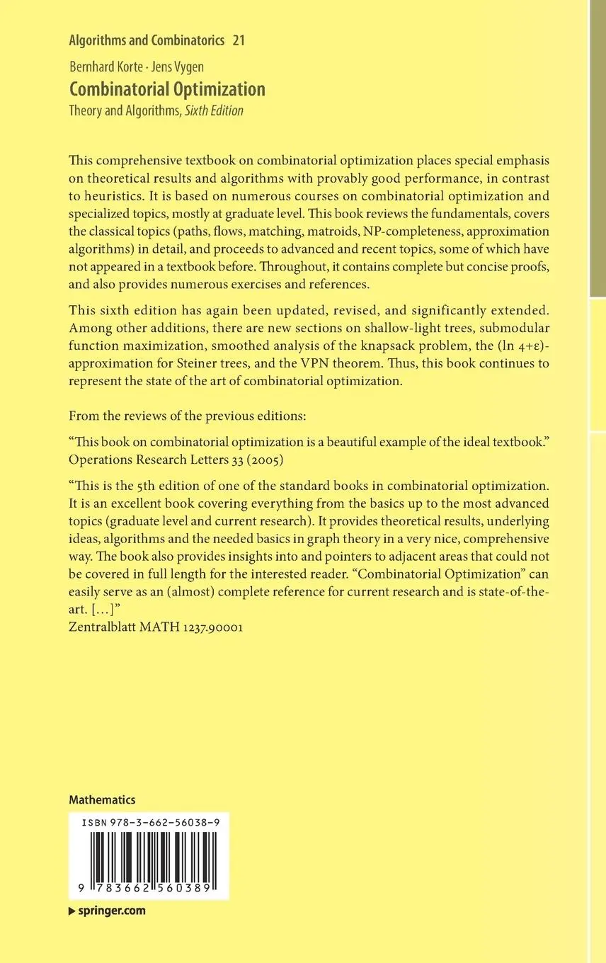 Rückseite: 9783662560389 | Combinatorial Optimization | Theory and Algorithms | Vygen (u. a.)