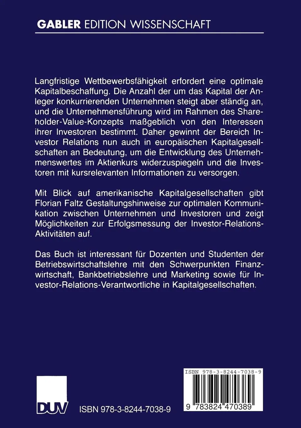 Rückseite: 9783824470389 | Investor Relations und Shareholder-Value | Florian Faltz | Taschenbuch