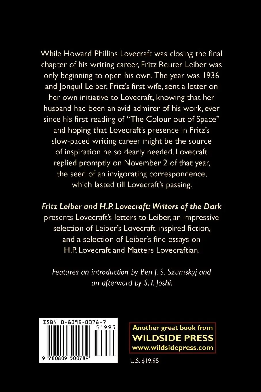 Rückseite: 9780809500789 | Fritz Leiber and H.P. Lovecraft | Writers of the Dark | Leiber (u. a.)